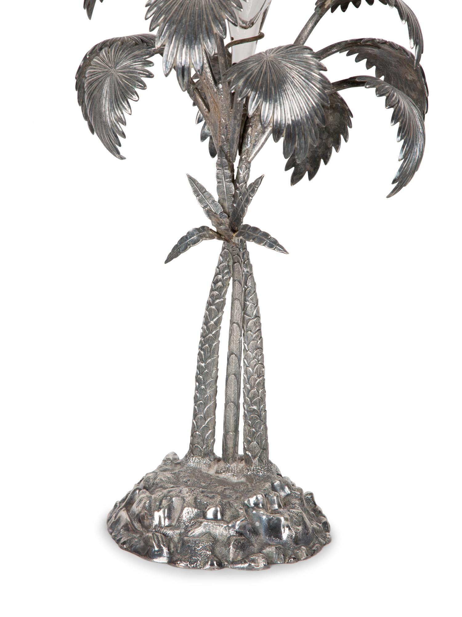 Pair of French Palm Tree-Form Silvered Bronze and Glass Centerpieces — 20TH CENTURY