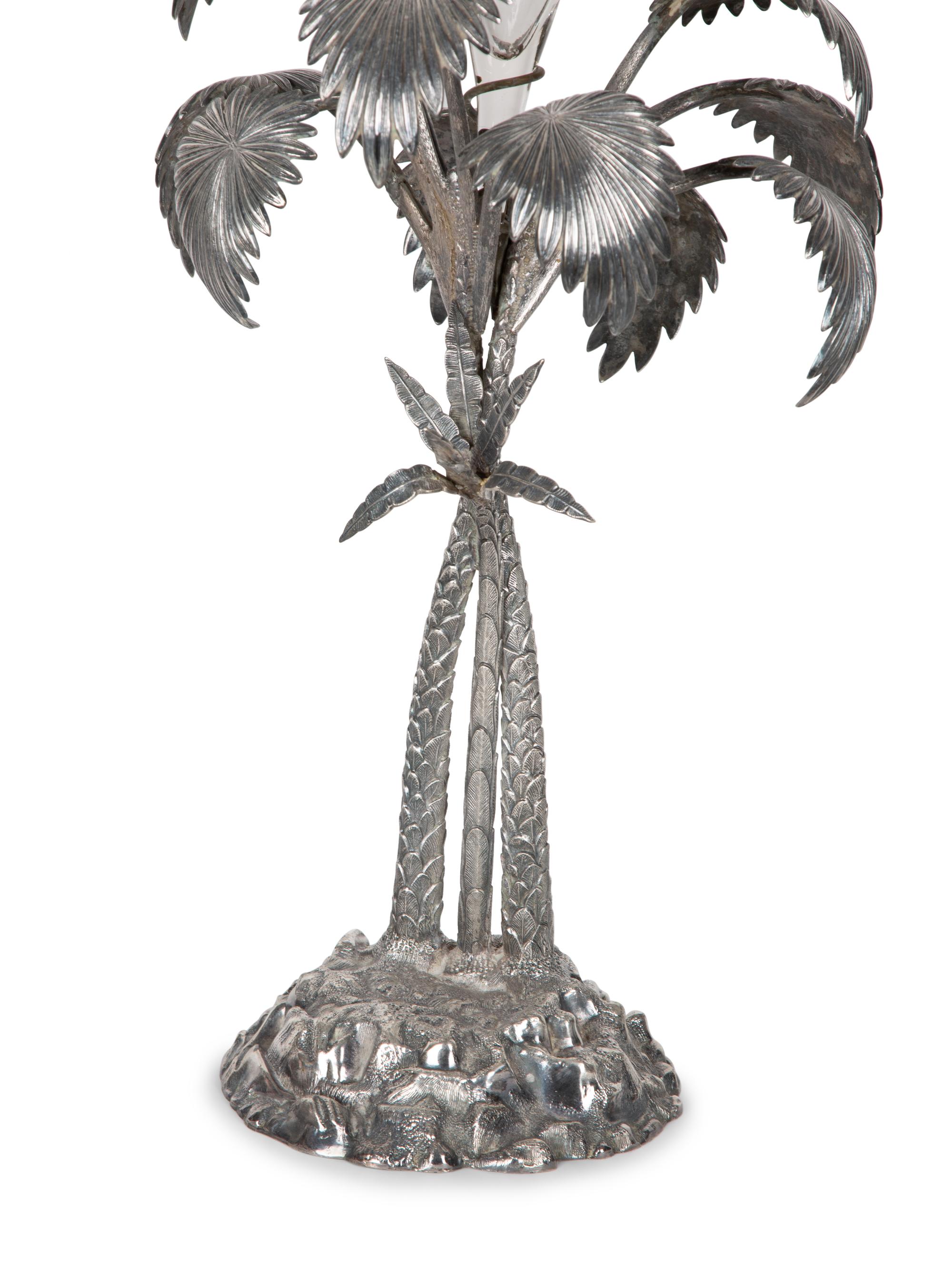 Pair of French Palm Tree-Form Silvered Bronze and Glass Centerpieces — 20TH CENTURY