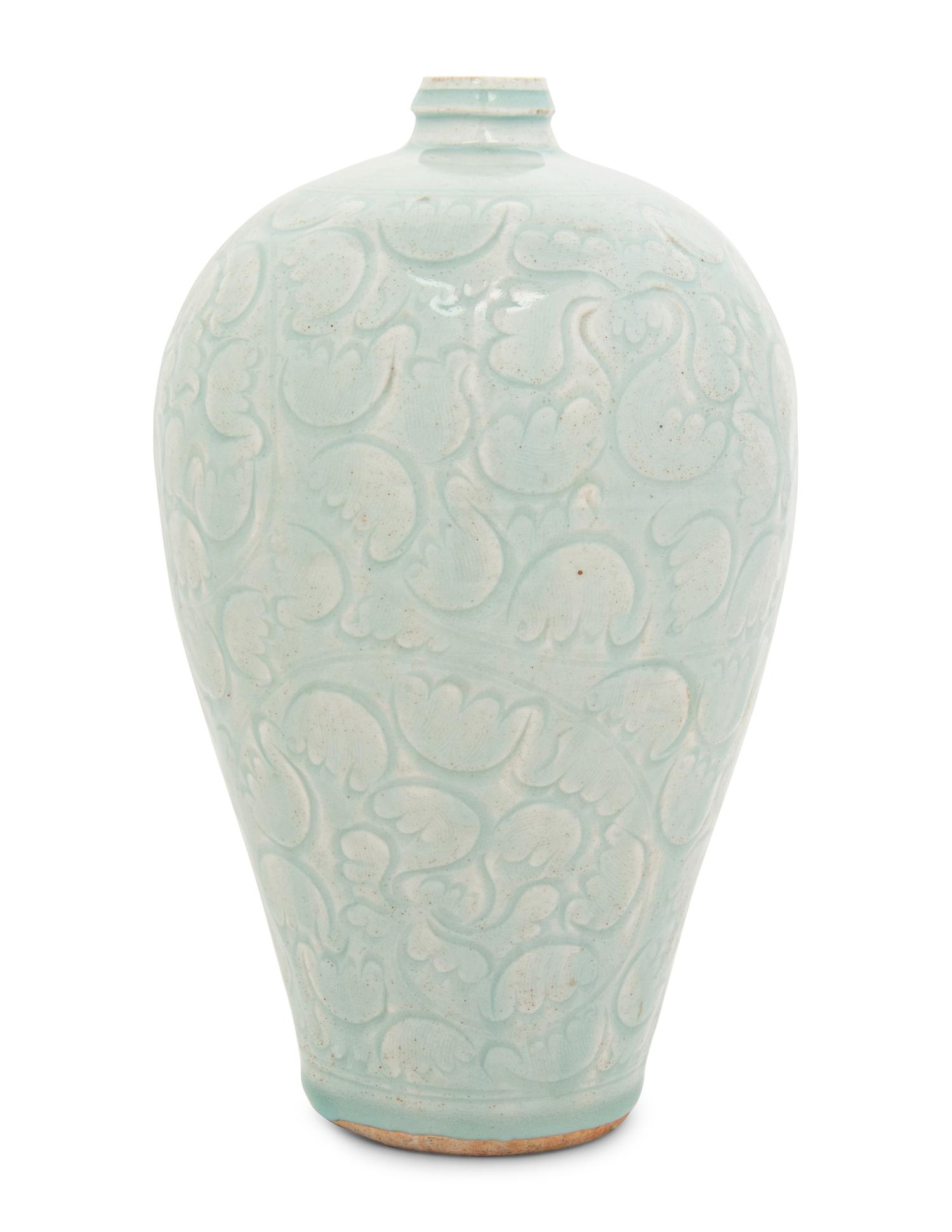 A Chinese Incised Yingqing Glazed Porcelain Meiping Vase