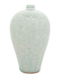 A Chinese Incised Yingqing Glazed Porcelain Meiping Vase