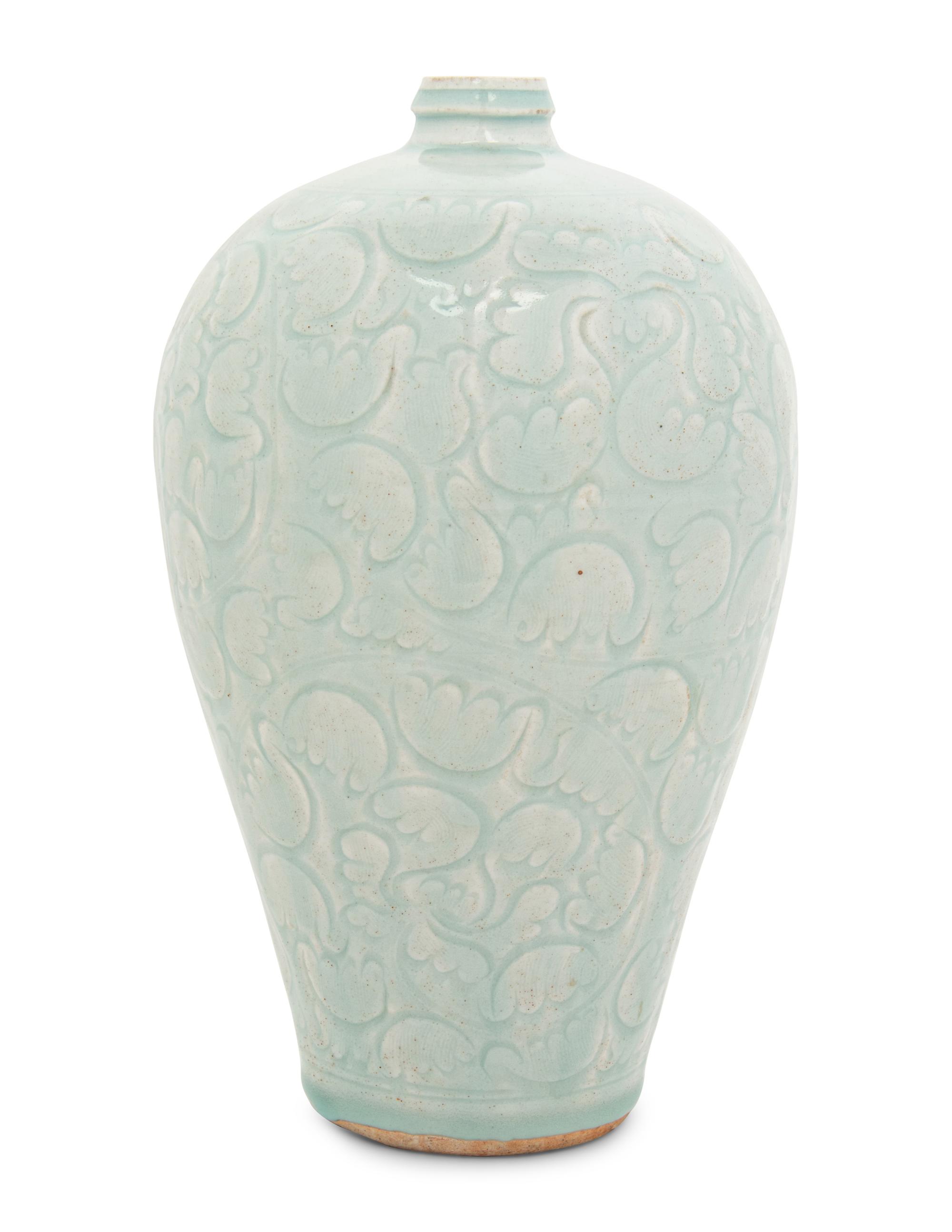 A Chinese Incised Yingqing Glazed Porcelain Meiping Vase