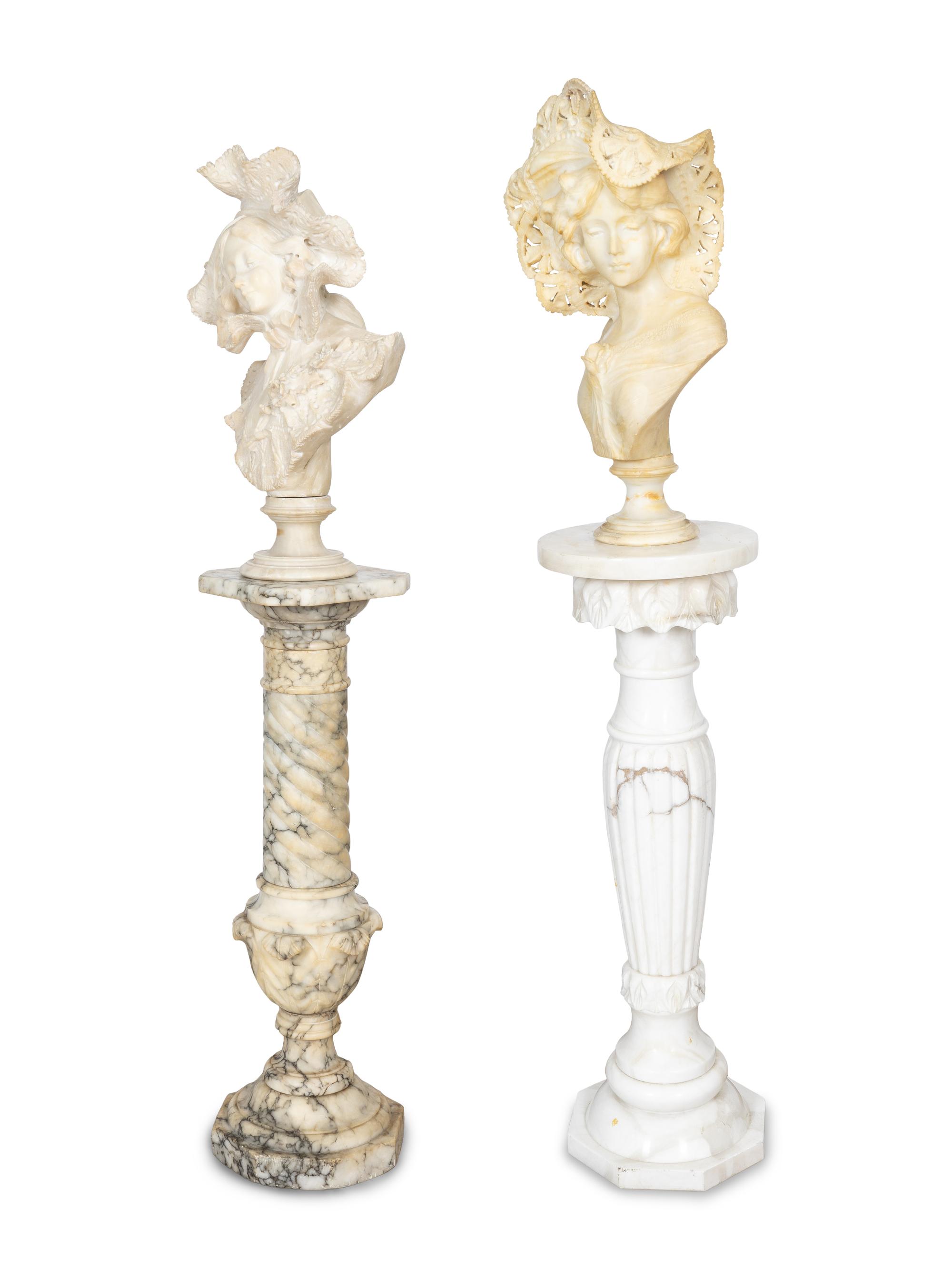 Two Italian Carved Alabaster Busts with Associated Marble Pedestals
