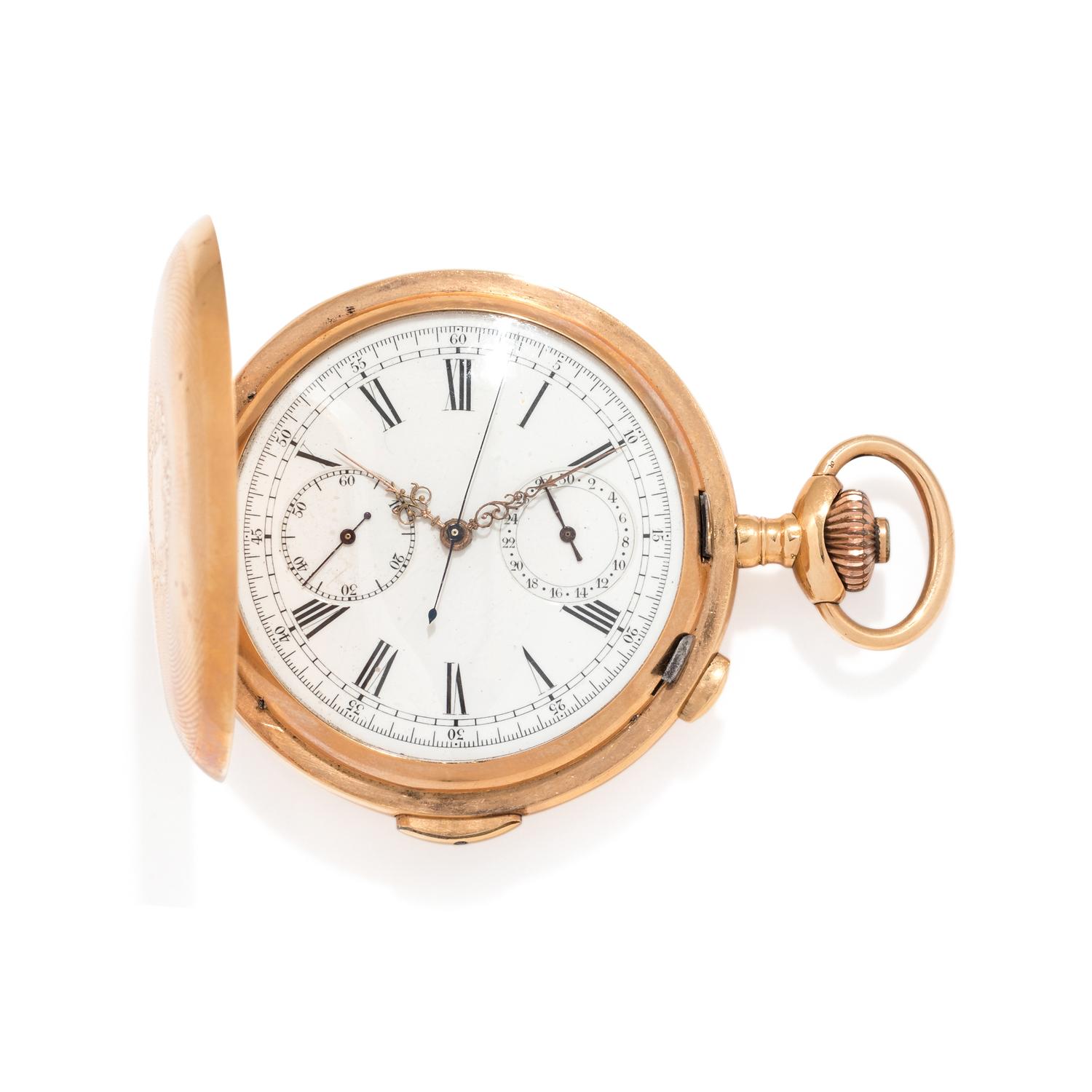 18K YELLOW GOLD CHRONOGRAPH QUARTER REPEATER HUNTER CASE POCKET WATCH