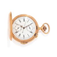18K YELLOW GOLD CHRONOGRAPH QUARTER REPEATER HUNTER CASE POCKET WATCH