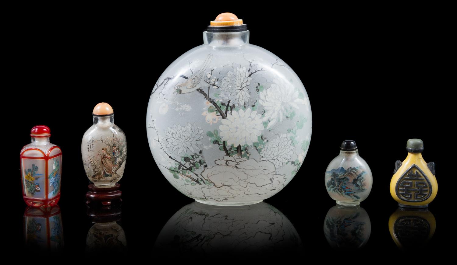 Five Chinese Glass Snuff Bottles Height of tallest 7 inches. — 20TH CENTURY