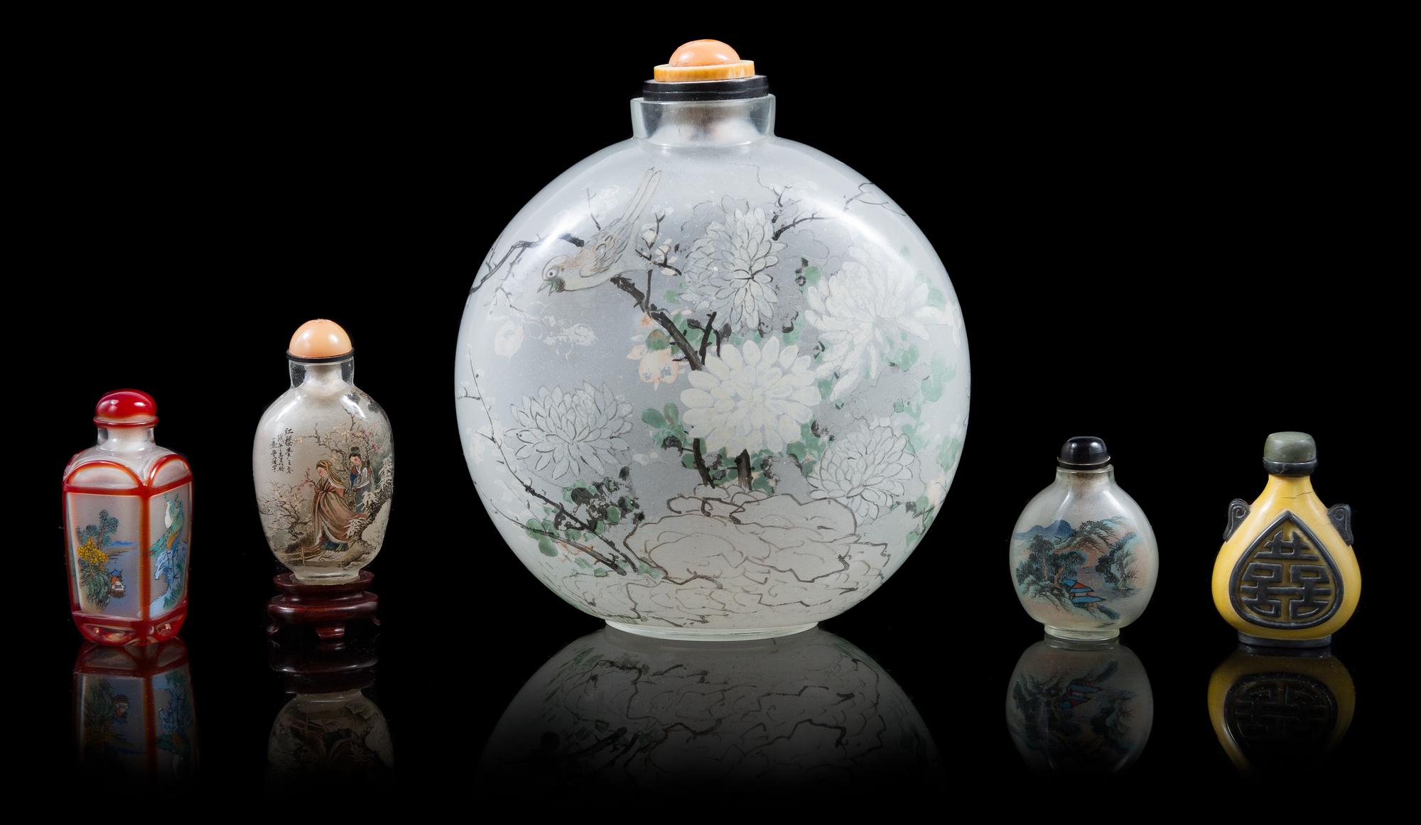 Five Chinese Glass Snuff Bottles Height of tallest 7 inches. — 20TH CENTURY