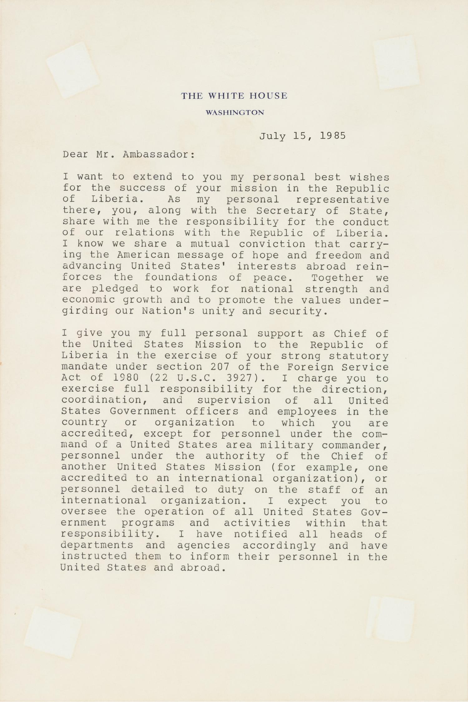 REAGAN, Ronald Wilson (1911-2004). Typed letter signed (“Ronald Reagan”), to Edward Joseph PERKINS (1928-2020), U.S. Ambassador to Liberia from 28 August 1985 to 22 October 1986. The White House, Washington, D.C., 15 July 1985.