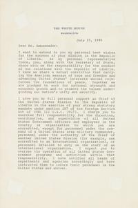 REAGAN, Ronald Wilson (1911-2004). Typed letter signed (“Ronald Reagan”), to Edward Joseph PERKINS (1928-2020), U.S. Ambassador to Liberia from 28 August 1985 to 22 October 1986. The White House, Washington, D.C., 15 July 1985.