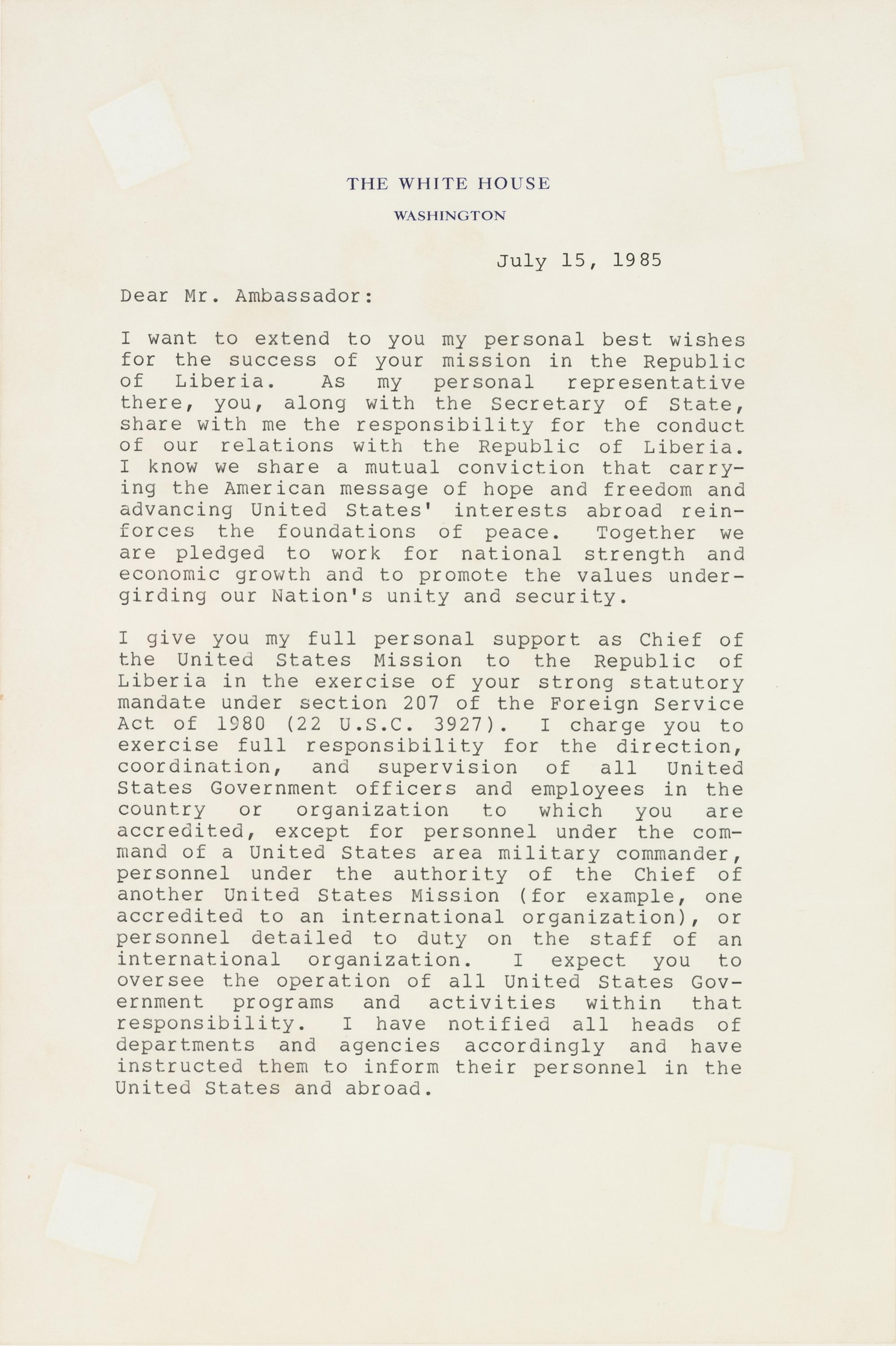 REAGAN, Ronald Wilson (1911-2004). Typed letter signed (“Ronald Reagan”), to Edward Joseph PERKINS (1928-2020), U.S. Ambassador to Liberia from 28 August 1985 to 22 October 1986. The White House, Washington, D.C., 15 July 1985.