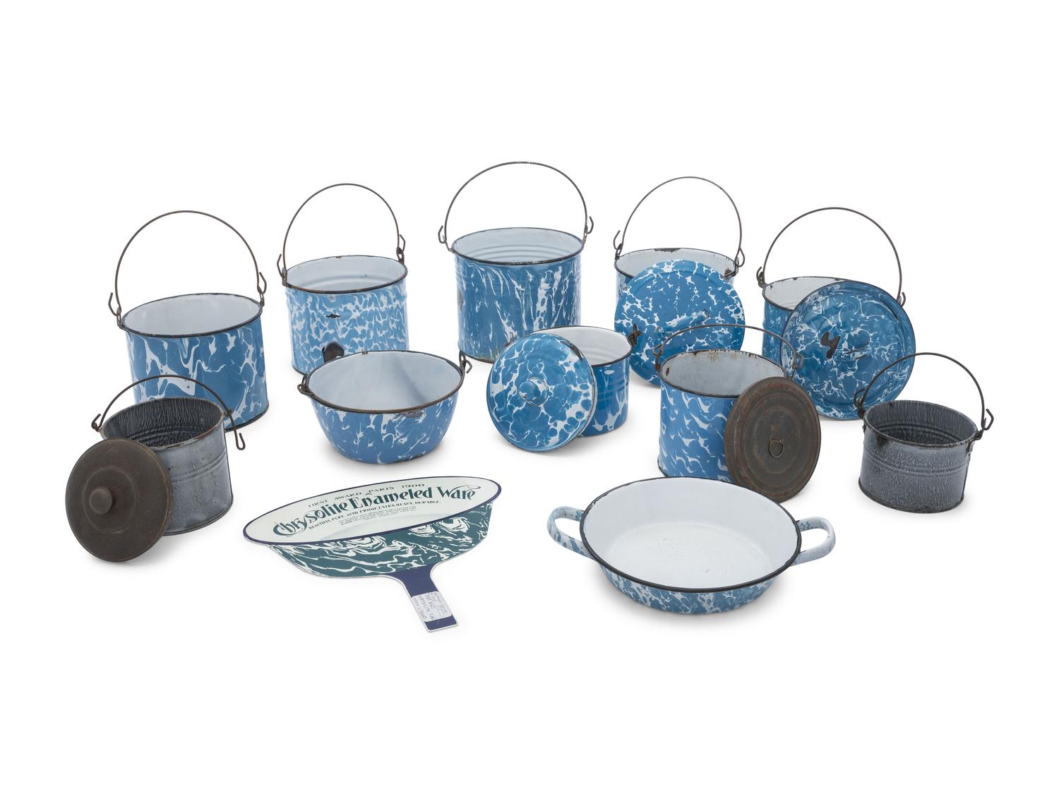Ten Chrysolite Enameled Graniteware Pots and Pails