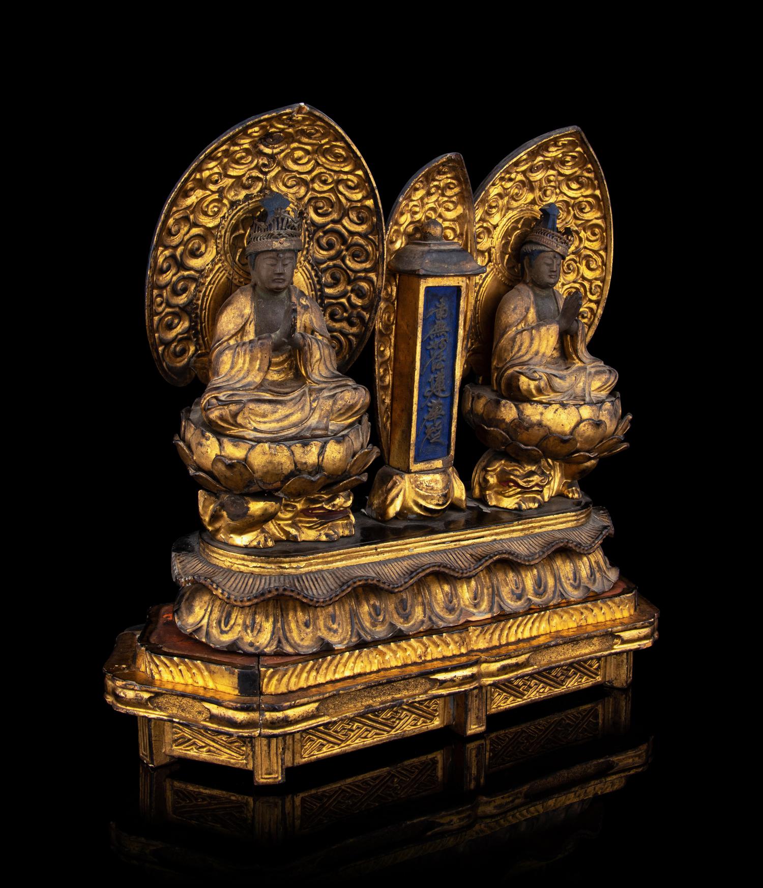 A Set of Two Japanese Gilt Lacquered Wood Figures of Seated Kannon