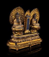 A Set of Two Japanese Gilt Lacquered Wood Figures of Seated Kannon