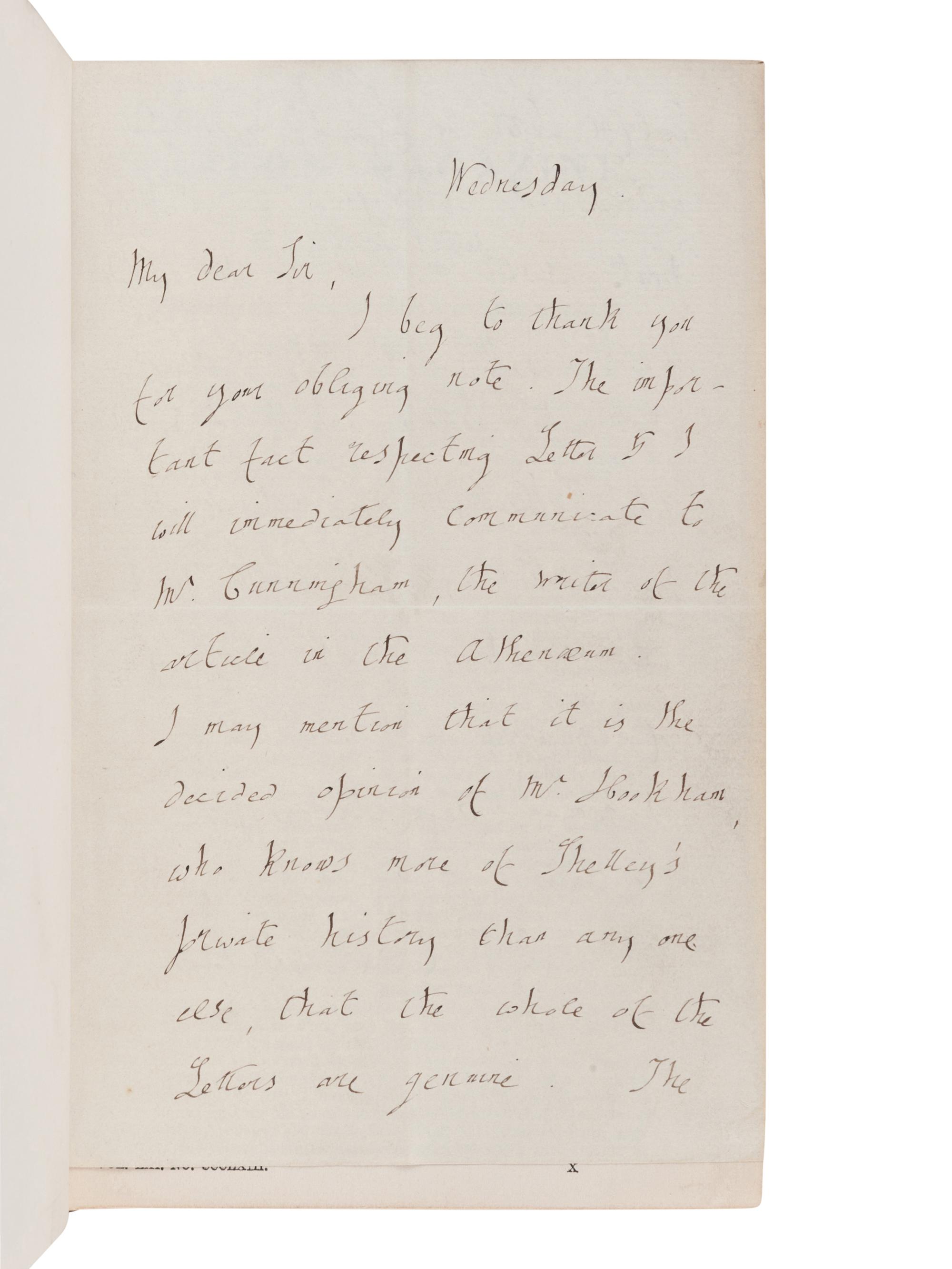 SHELLEY, Percy Bysshe (1792-1822). Letters of Percy Bysshe Shelley . London: Edward Moxon, 1852.