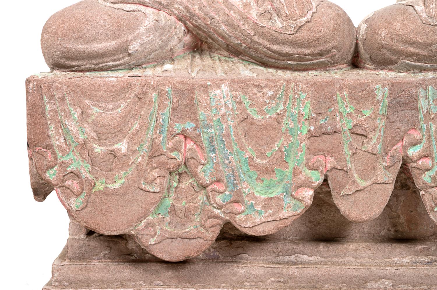 Two Chinese Carved Stone Seated Figures on a Rectangular Base with Remnants of Polychrome Decoration
