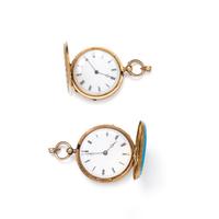 COLLECTION OF 18K YELLOW GOLD AND ENAMEL HUNTER CASE POCKET WATCHES