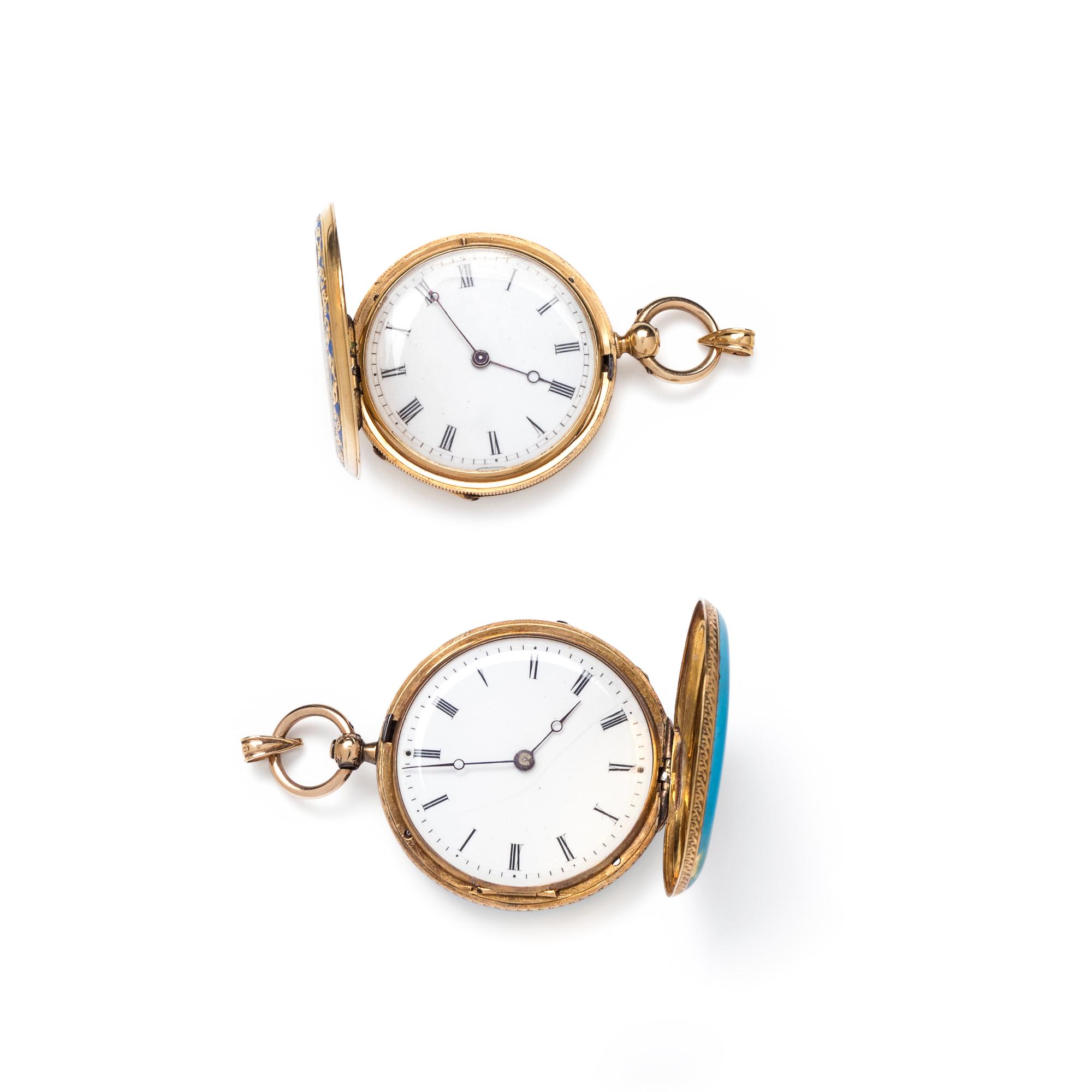 COLLECTION OF 18K YELLOW GOLD AND ENAMEL HUNTER CASE POCKET WATCHES