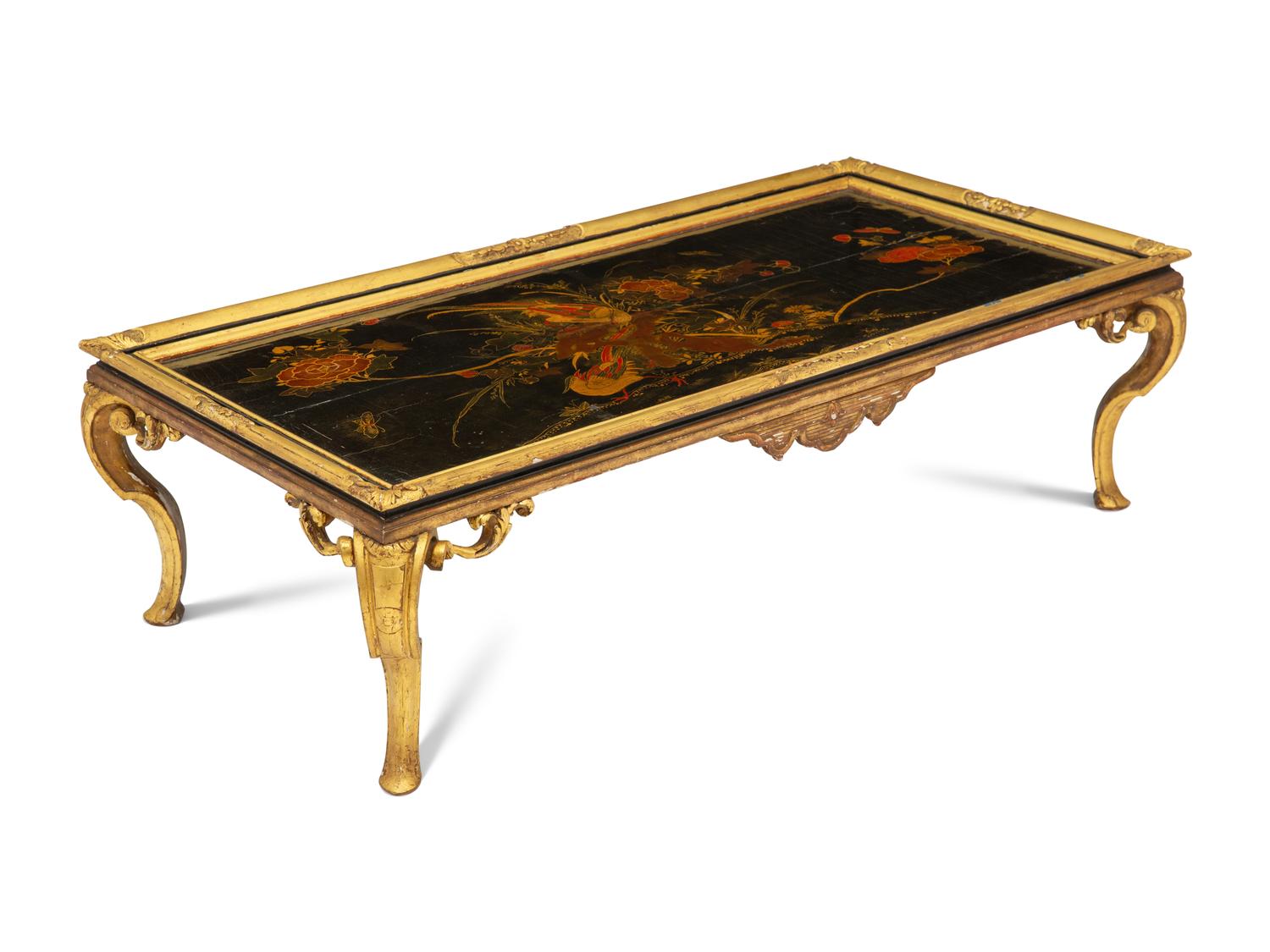 A Continental Giltwood and Chinese Lacquer Low Table