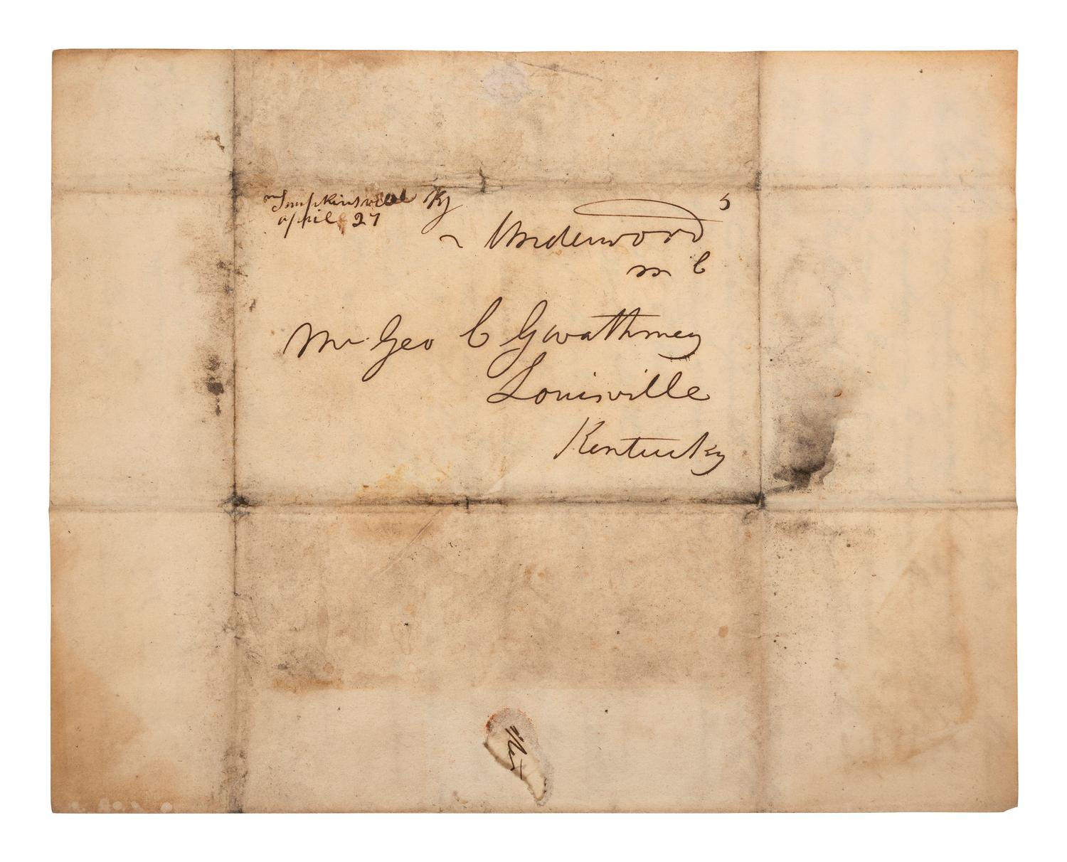 [KENTUCKY - MAMMOTH CAVE]. UNDERWOOD, Joseph Rogers (1791-1876). Autograph letter signed ("J.R. Underwood") to George C. Gwathmey. Tompkinsville, KY, 23 April 1849. 6 pages, 8vo, toned, integral leaf.
