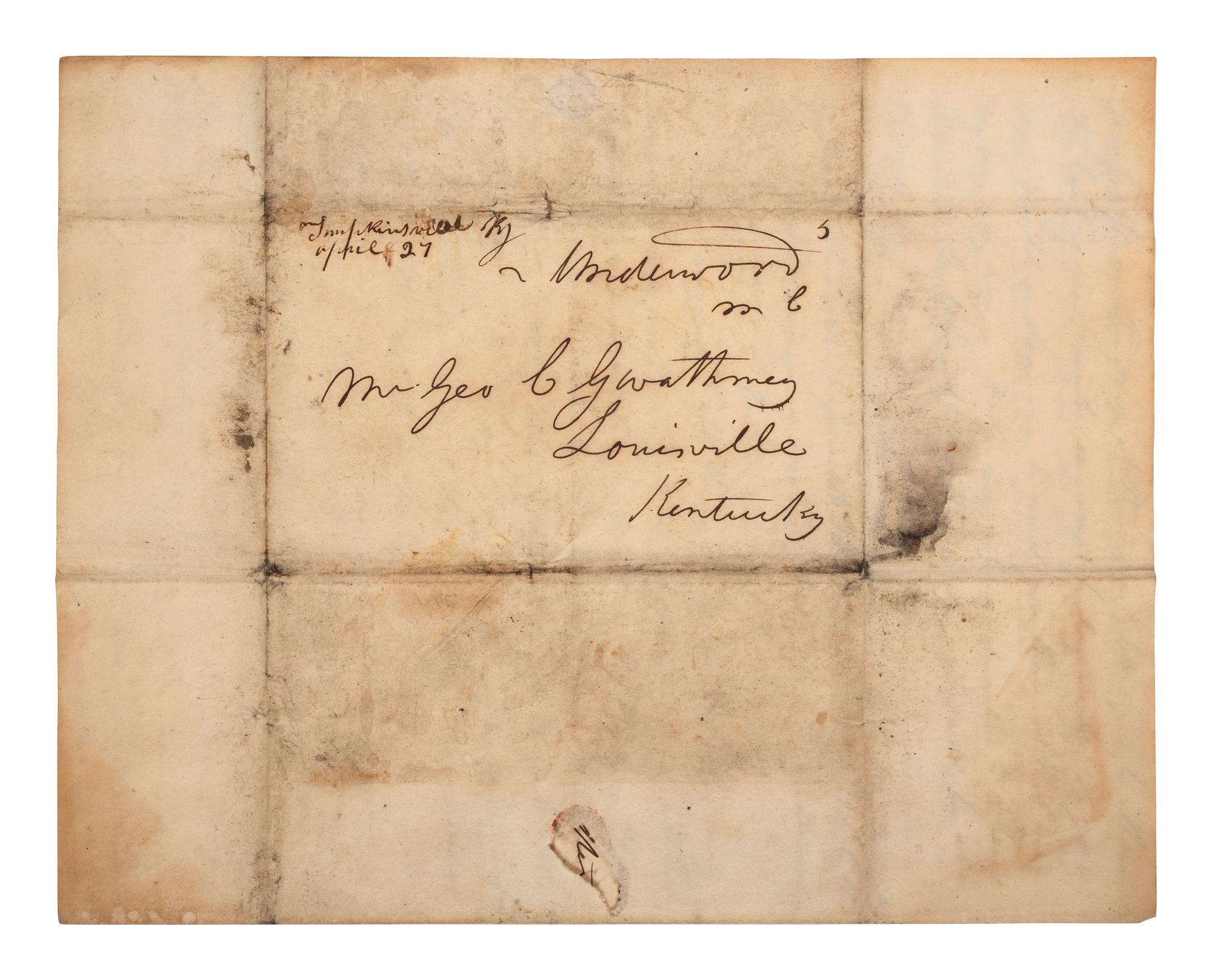 [KENTUCKY - MAMMOTH CAVE]. UNDERWOOD, Joseph Rogers (1791-1876). Autograph letter signed ("J.R. Underwood") to George C. Gwathmey. Tompkinsville, KY, 23 April 1849. 6 pages, 8vo, toned, integral leaf.