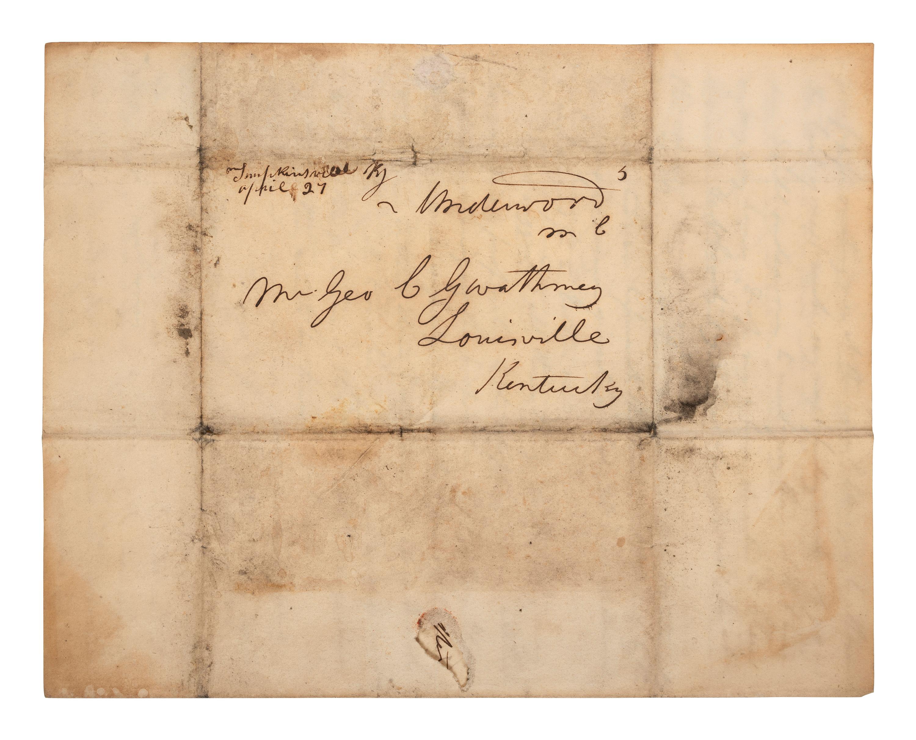 [KENTUCKY - MAMMOTH CAVE]. UNDERWOOD, Joseph Rogers (1791-1876). Autograph letter signed ("J.R. Underwood") to George C. Gwathmey. Tompkinsville, KY, 23 April 1849. 6 pages, 8vo, toned, integral leaf.