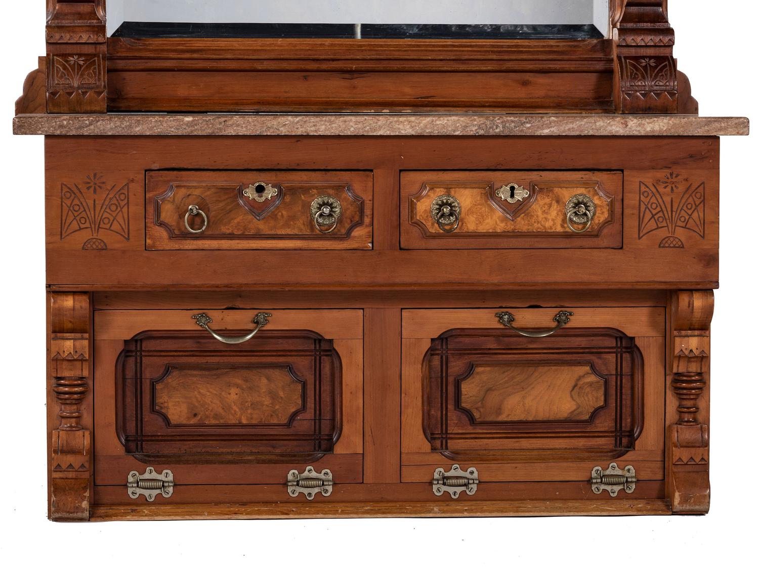 An Eastlake Style Hall Mirror with Marble Top Cabinet Base