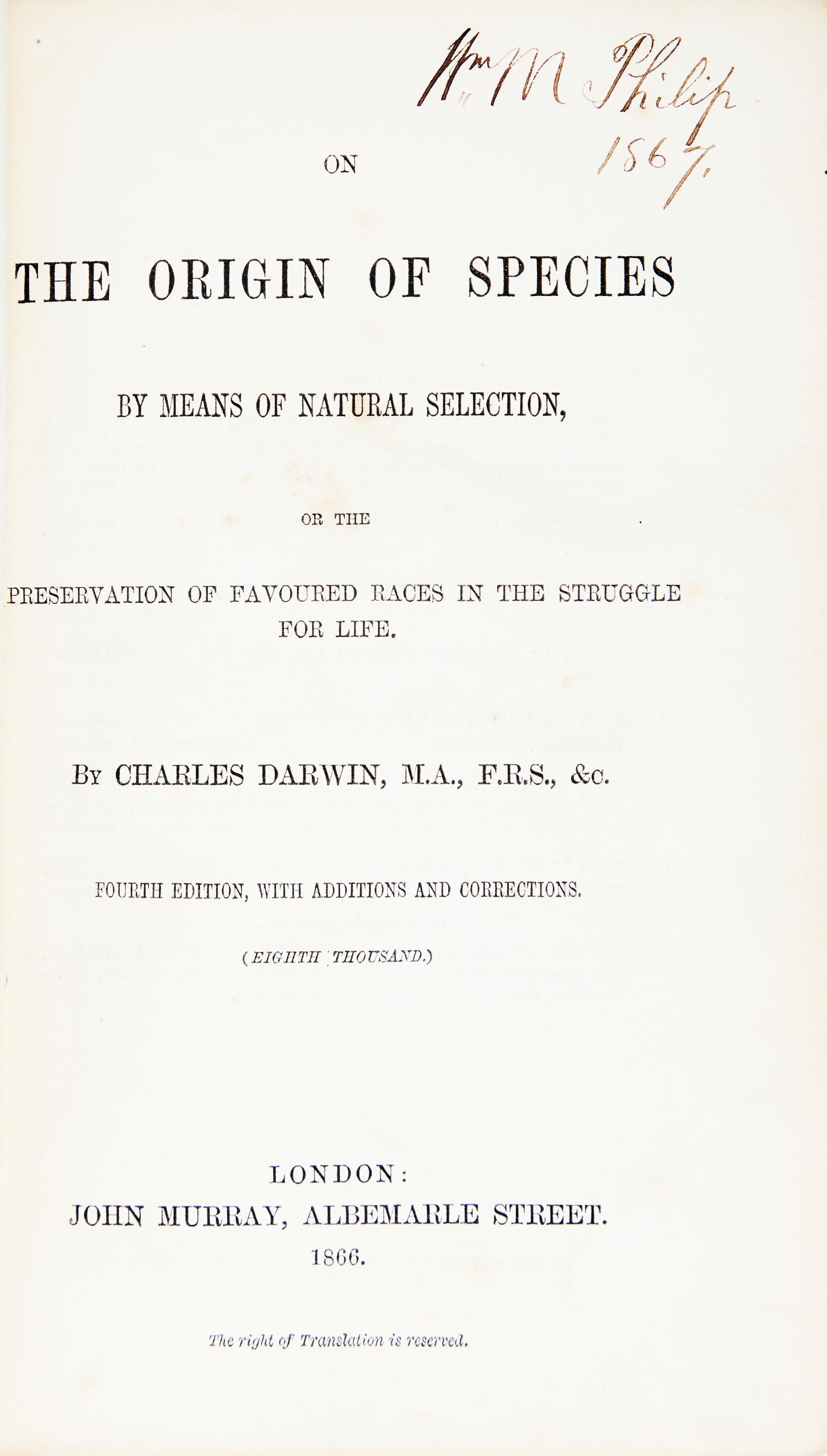 [Science, Medicine & Mathematics] Darwin, Charles. On the Origin of Species by Means of Natural Selection...