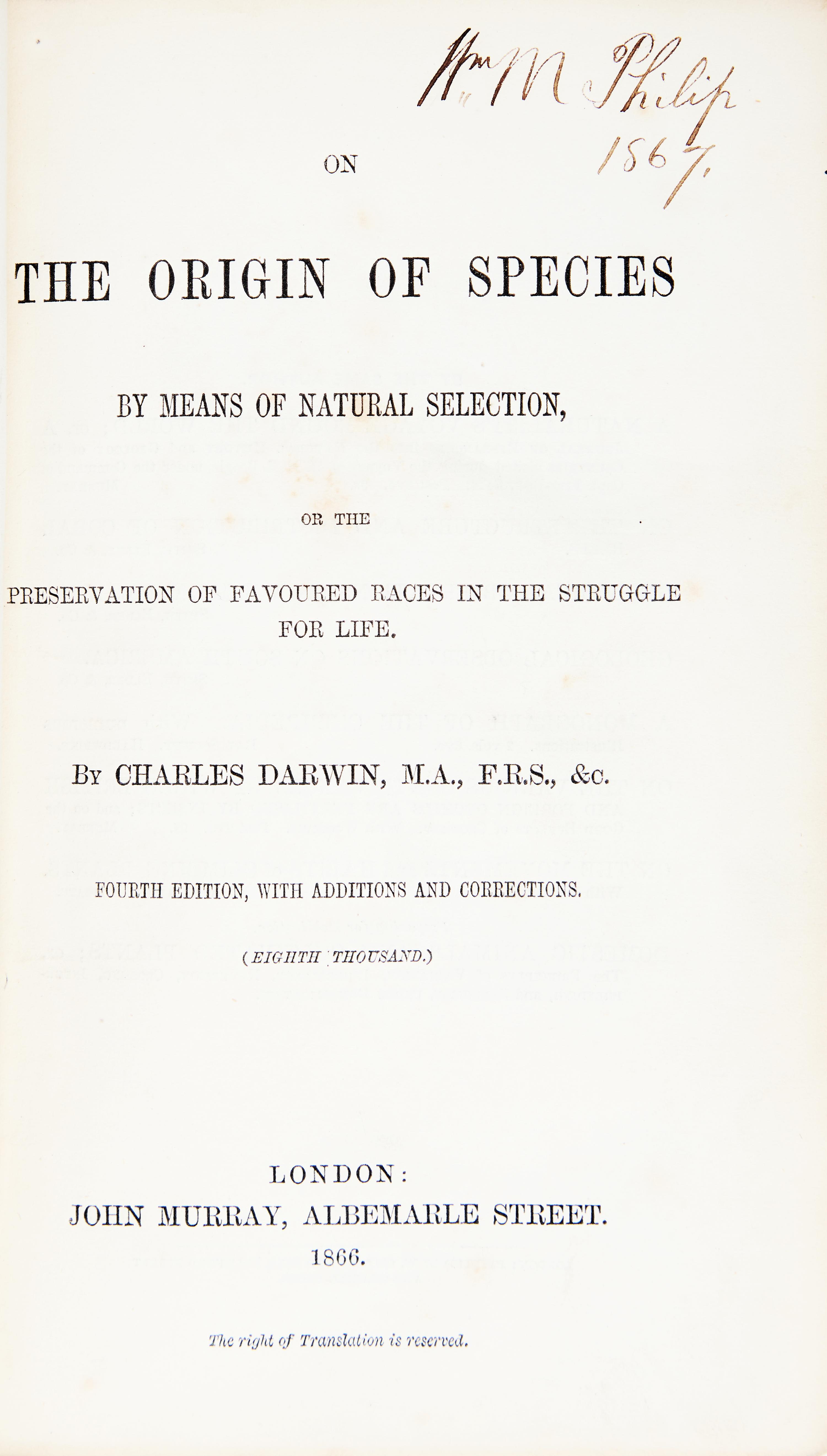 [Science, Medicine & Mathematics] Darwin, Charles. On the Origin of Species by Means of Natural Selection...