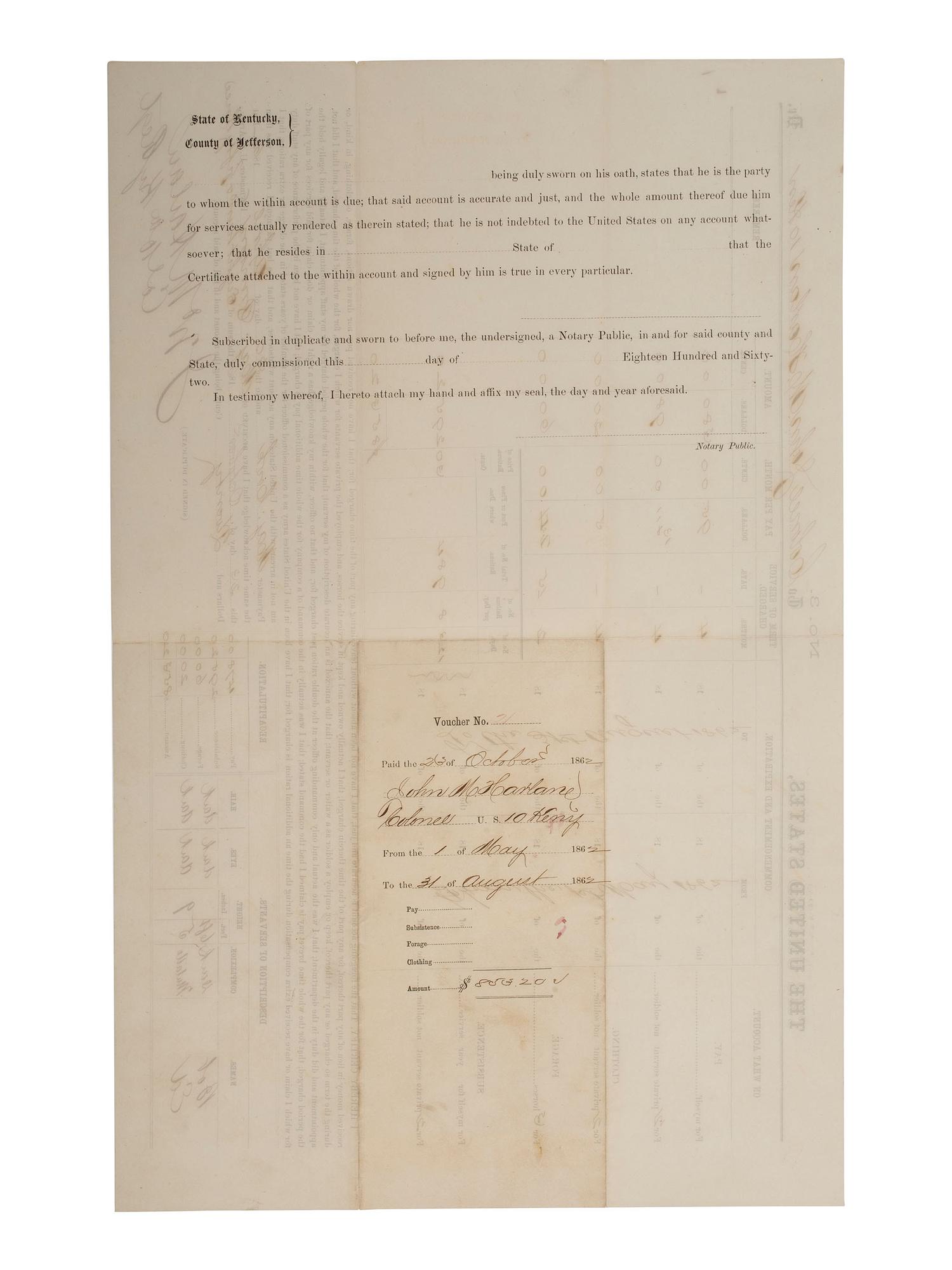 [CIVIL WAR -- AFRICAN AMERICANA]. Pay voucher of Col. John M. Harlan, 10th Kentucky Infantry.