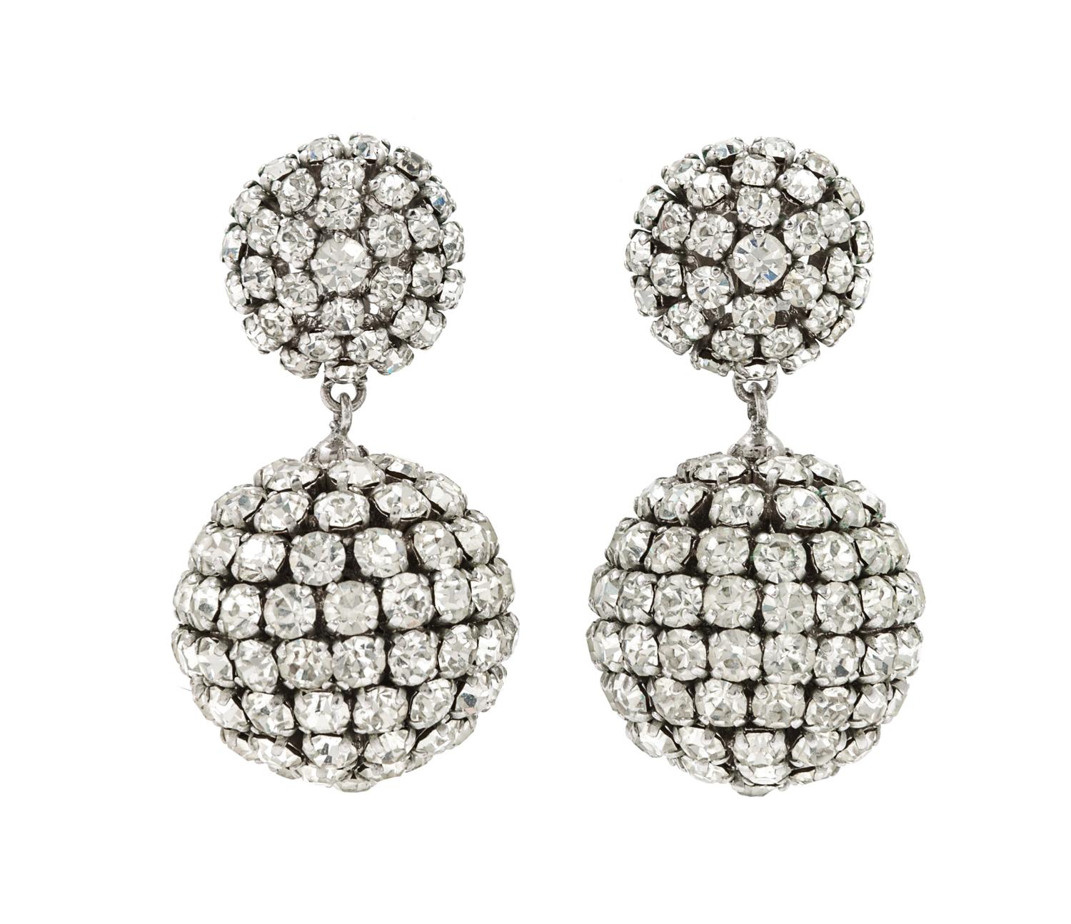 A Pair of Christian Dior Rhinestone Drop Earclips, 2" x 1".