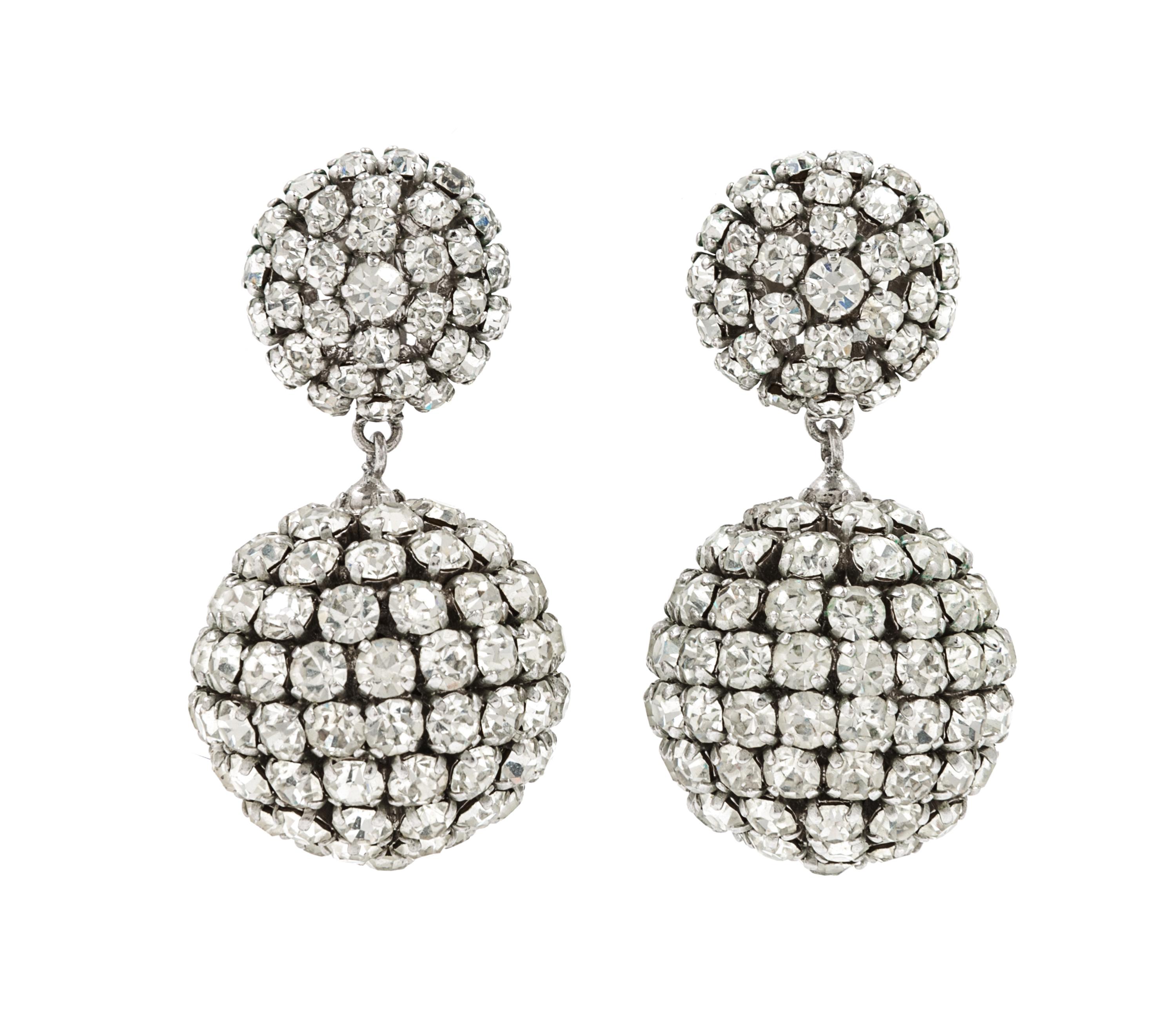 A Pair of Christian Dior Rhinestone Drop Earclips, 2" x 1".