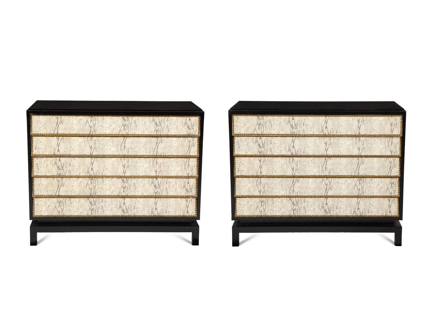 A Pair of Custom Black Painted Chests of Drawers with Faux-Python Veneered Drawer Fronts
