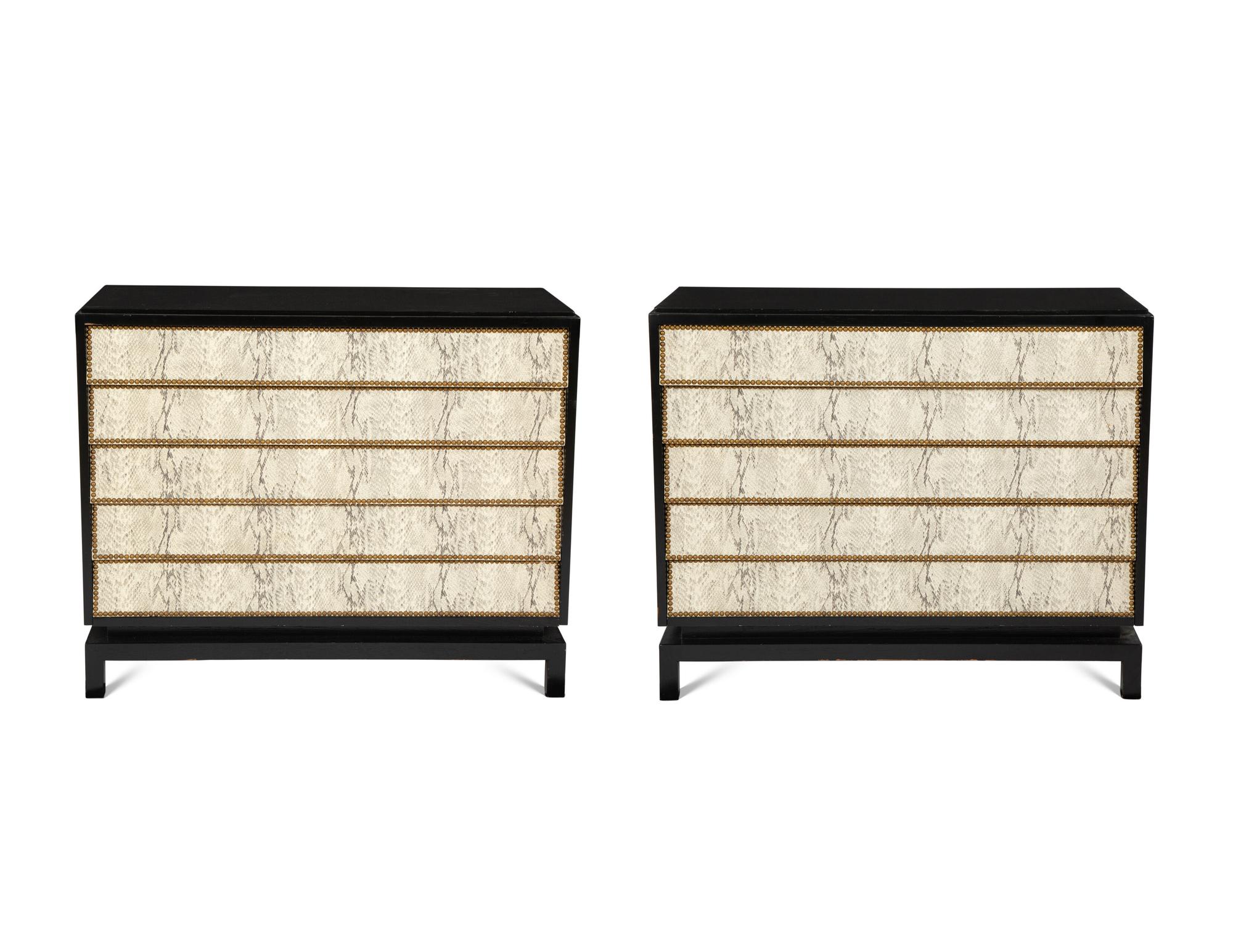 A Pair of Custom Black Painted Chests of Drawers with Faux-Python Veneered Drawer Fronts