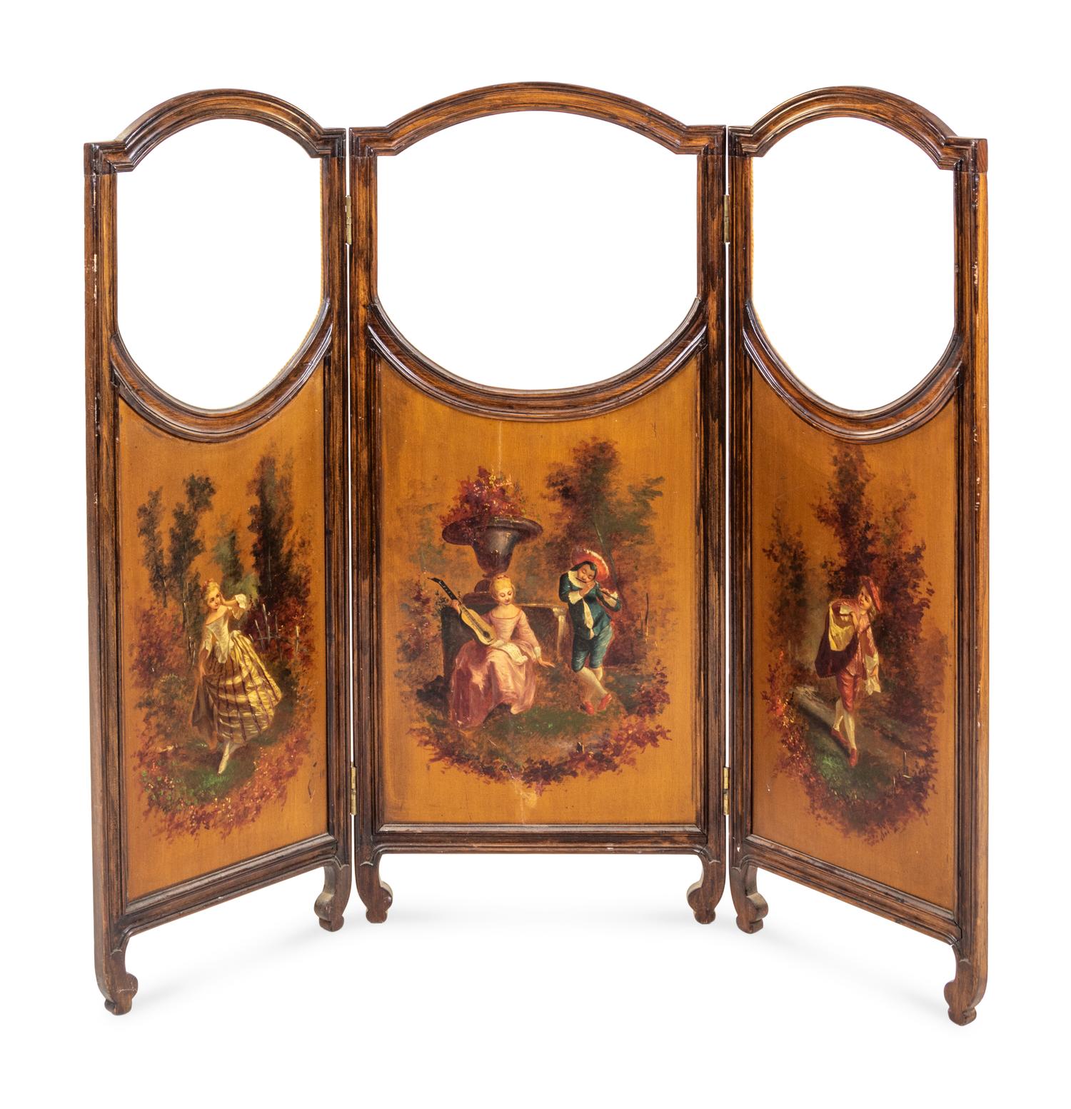 A French Painted and Glass Inset Mahogany Three-Panel Floor Screen