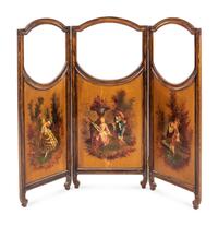 A French Painted and Glass Inset Mahogany Three-Panel Floor Screen
