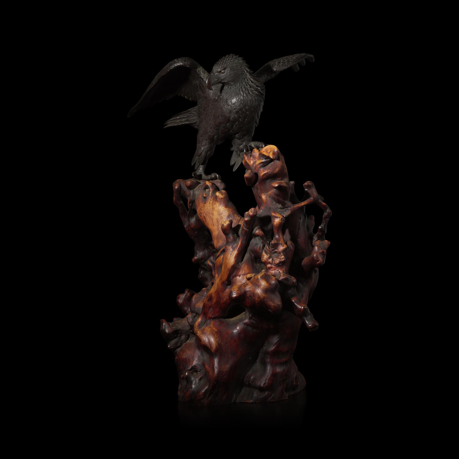 A Japanese Patinated Bronze Figure of an Eagle, Atsuyoshi for the Maruki Co. 丸木製厚義作銅鷹置物