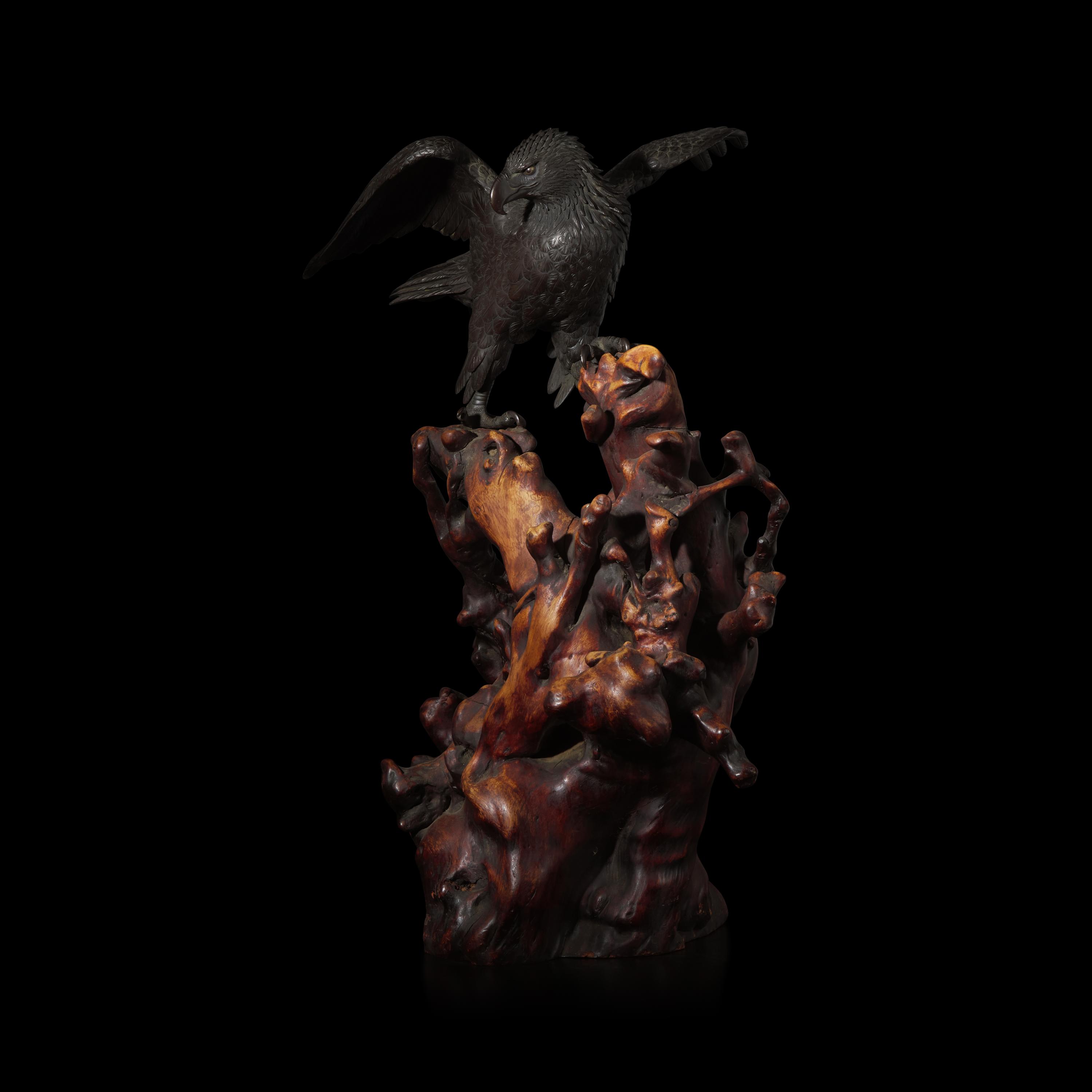 A Japanese Patinated Bronze Figure of an Eagle, Atsuyoshi for the Maruki Co. 丸木製厚義作銅鷹置物