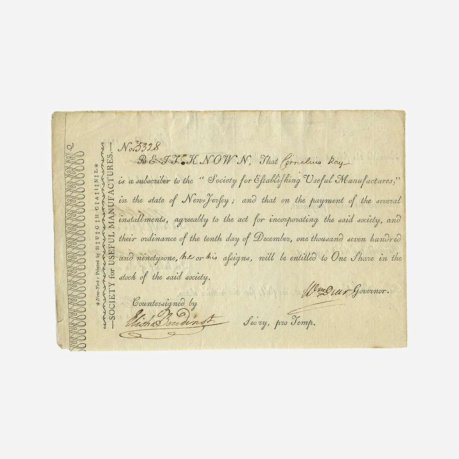 [Hamilton, Alexander] [Society for Establishing Useful Manufactures] Group of 3 Documents Relating the Society for Establishing Useful Manufactures