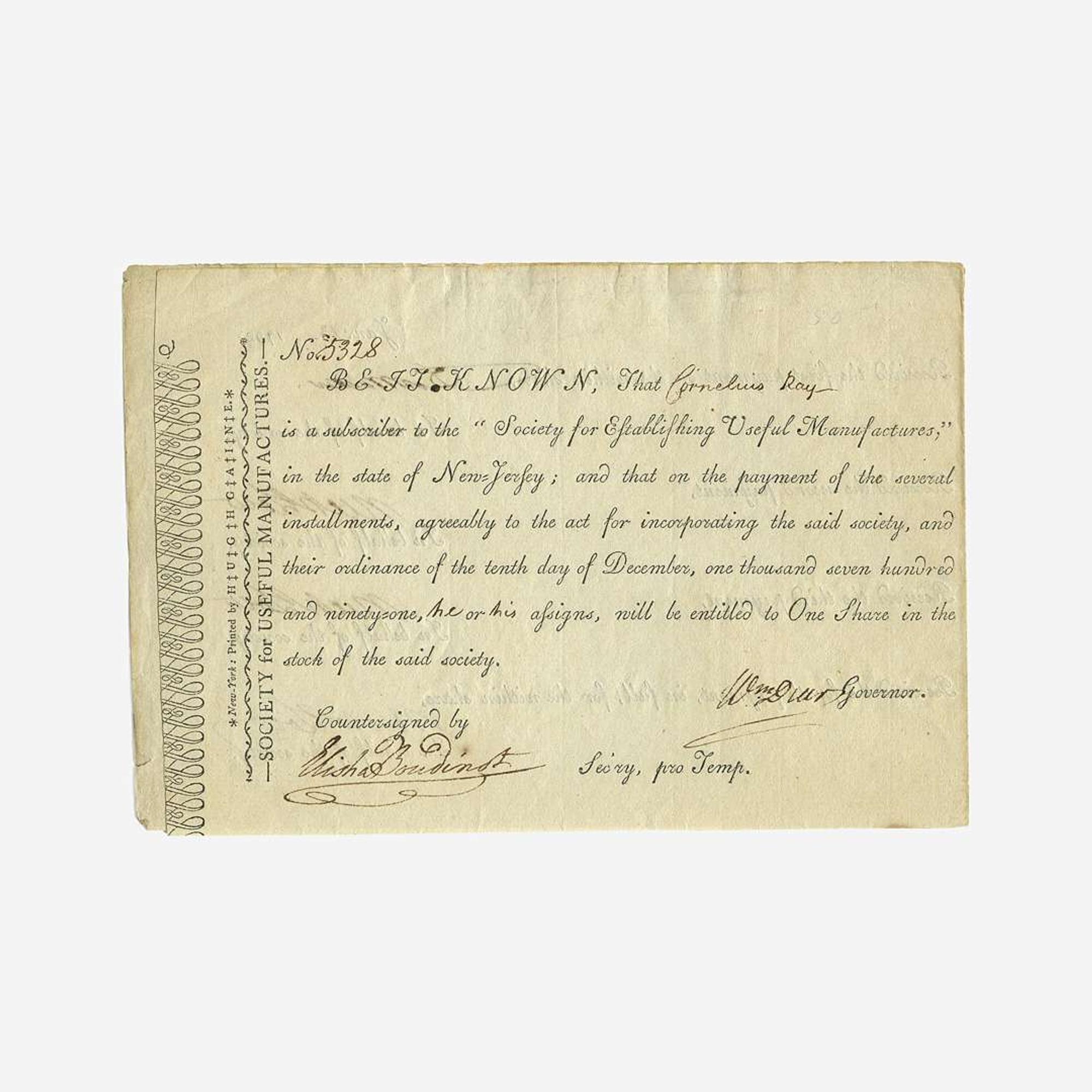 [Hamilton, Alexander] [Society for Establishing Useful Manufactures] Group of 3 Documents Relating the Society for Establishing Useful Manufactures
