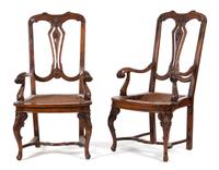 A Pair of Italian Carved Walnut Open Armchairs