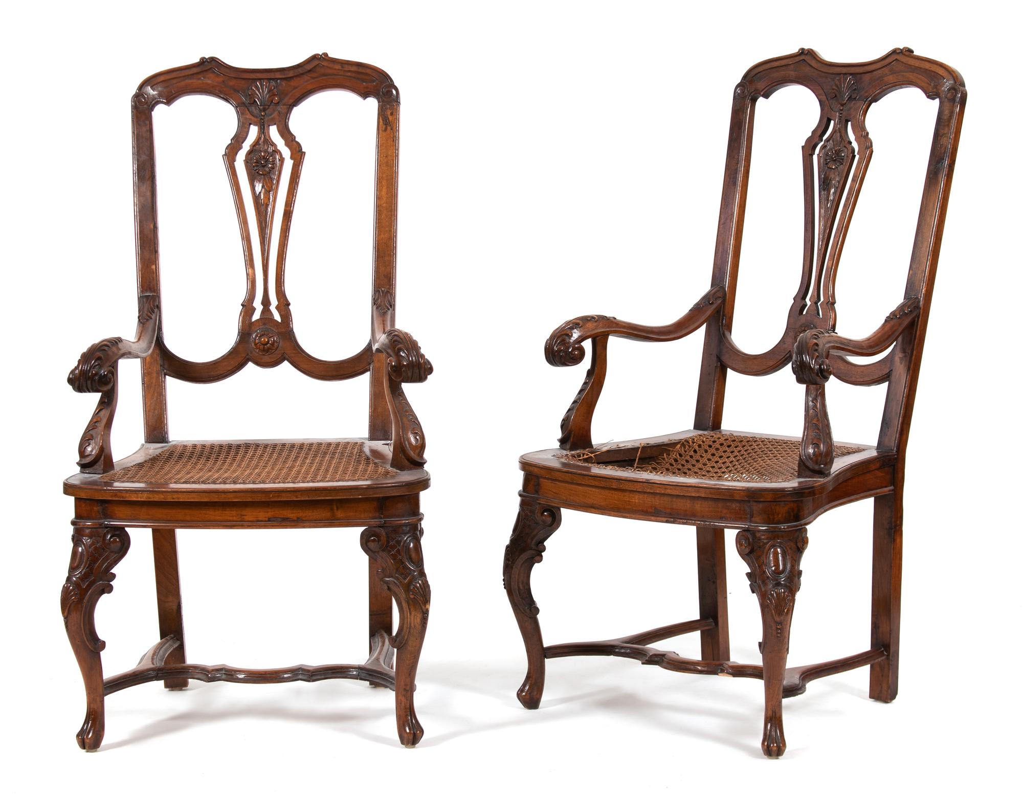 A Pair of Italian Carved Walnut Open Armchairs