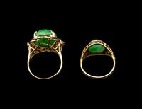 Two Chinese Apple Green Jadeite Inset Gold Mounted Rings
