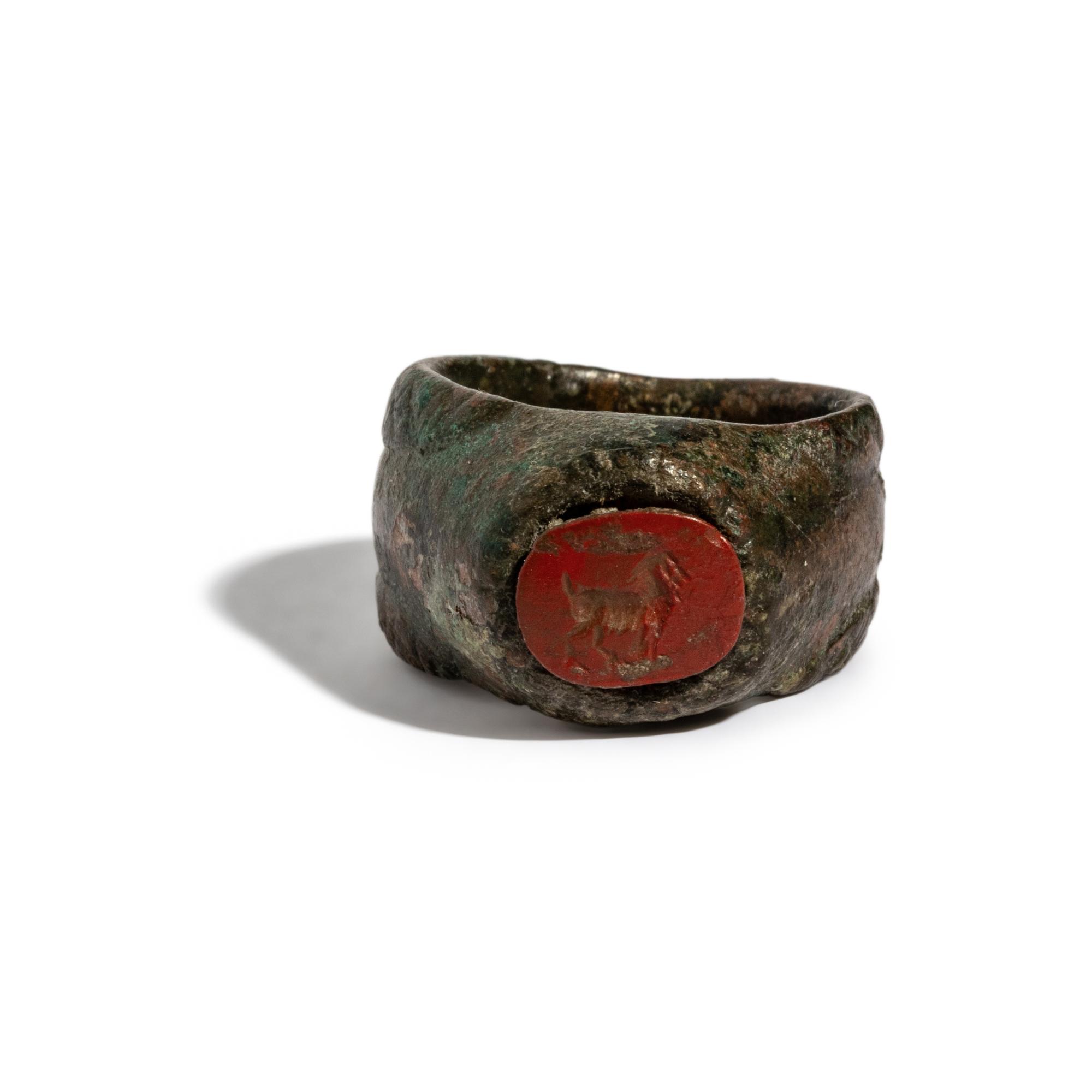 A Roman Iron and Red Jasper Finger Ring with a Goat