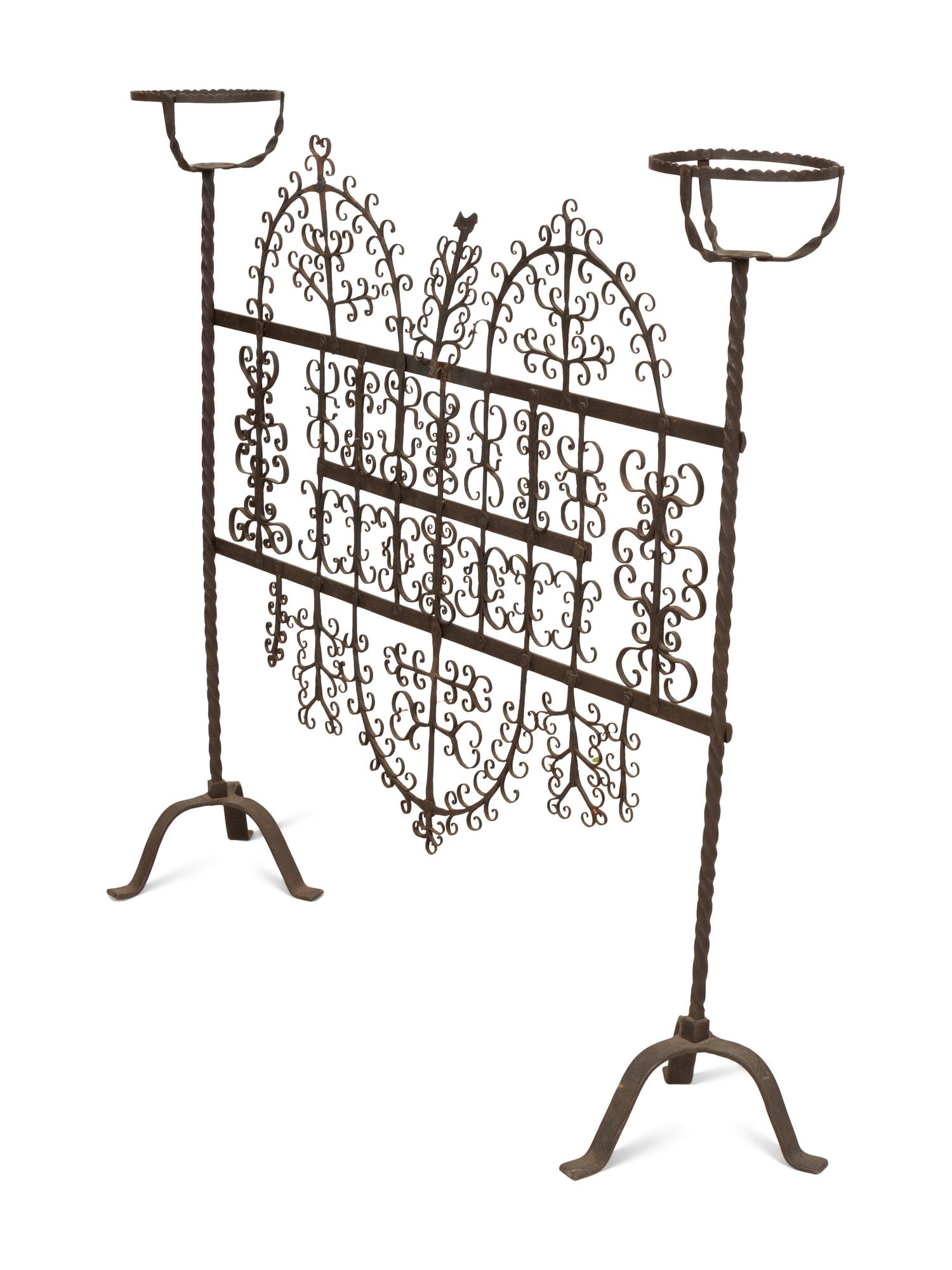 A Mizner Wrought Iron Fire Screen with Candleholders