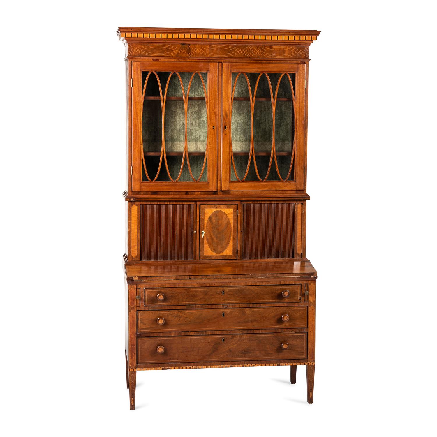 A Federal Inlaid Mahogany and Tambour-Front Desk-and-Bookcase