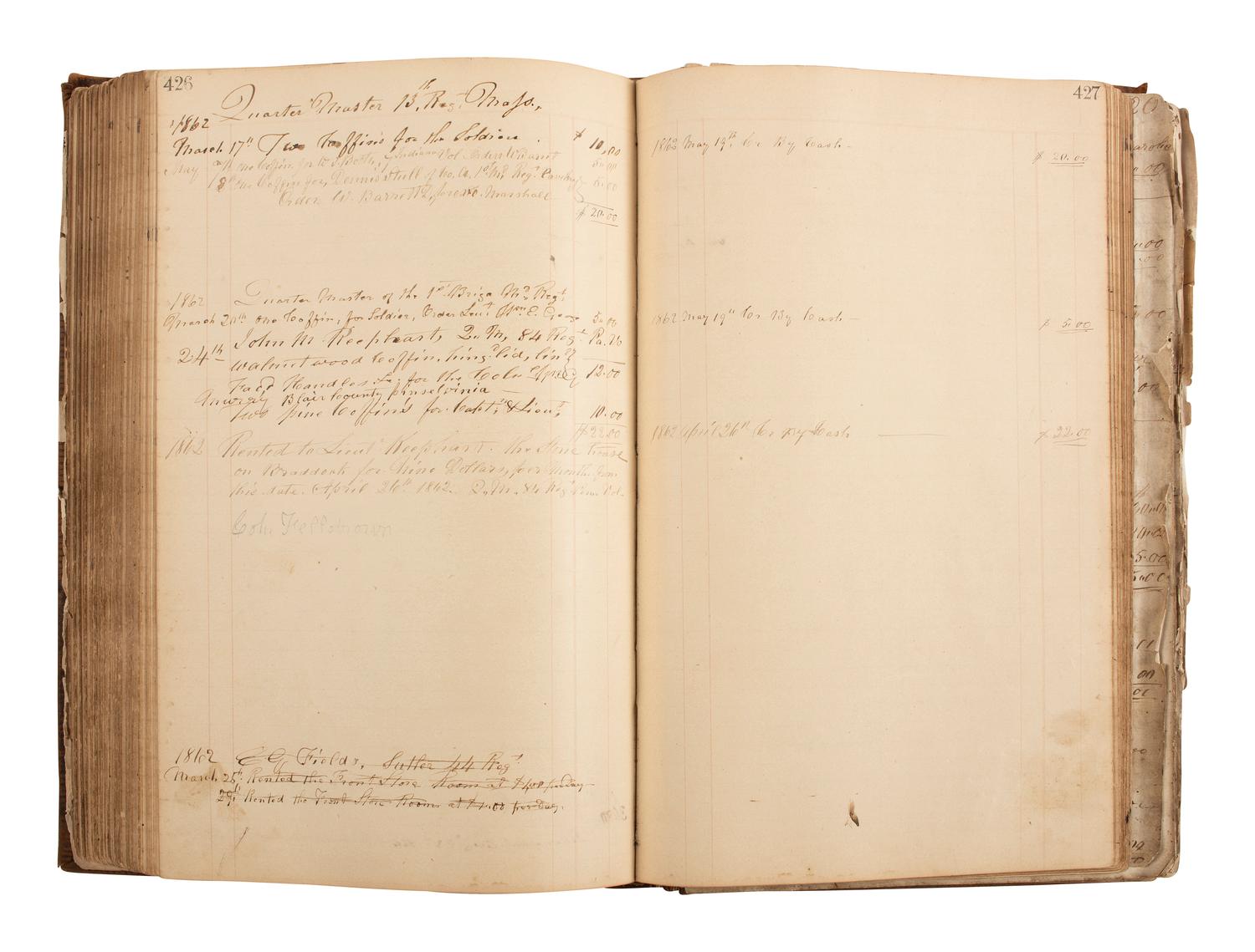 [CIVIL WAR]. Ledger book associated with Winchester, Virginia, cabinet maker John Kerr (1797-1875), documenting coffins built and sold for Union and Confederate soldiers as well as other wartime activity.