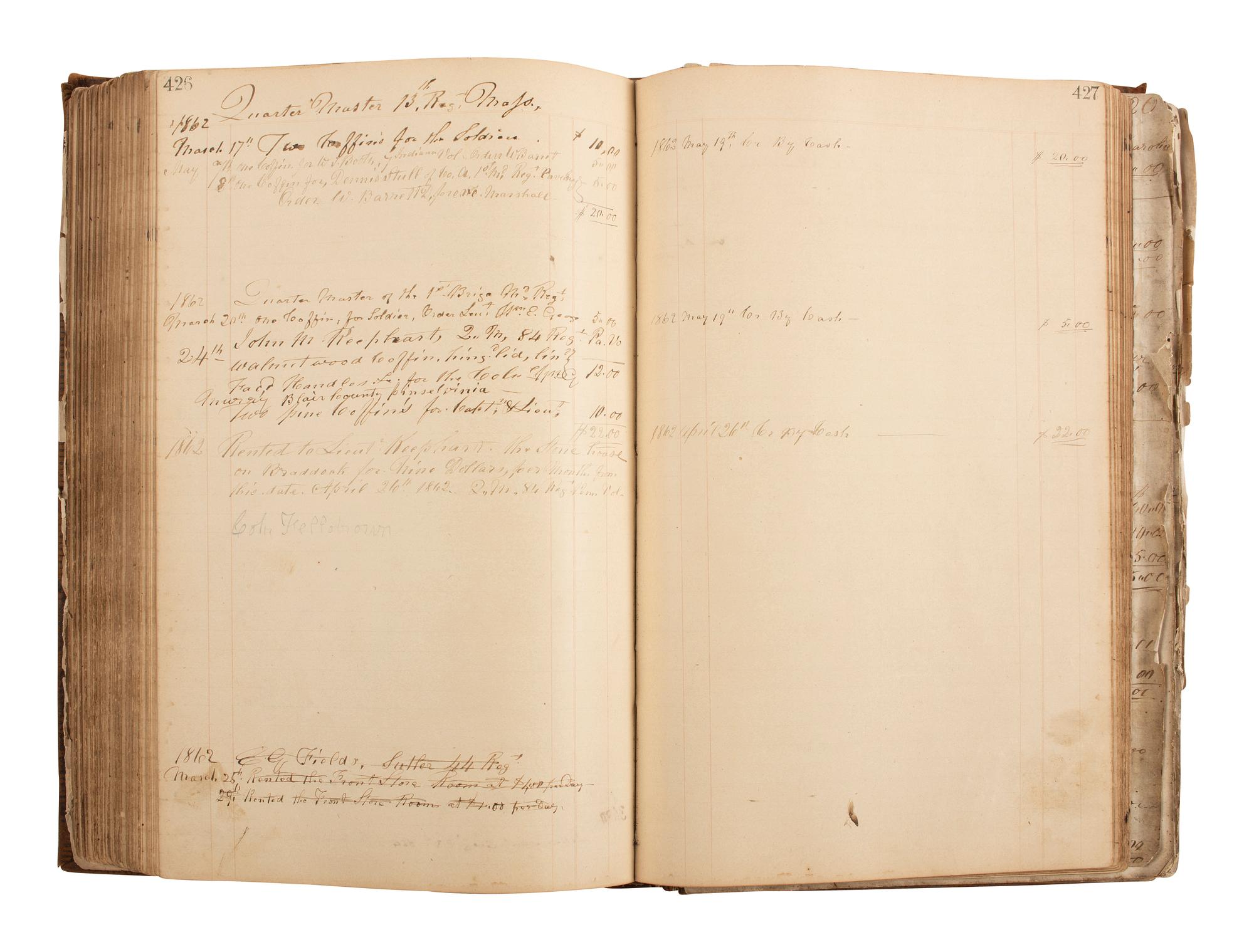 [CIVIL WAR]. Ledger book associated with Winchester, Virginia, cabinet maker John Kerr (1797-1875), documenting coffins built and sold for Union and Confederate soldiers as well as other wartime activity.