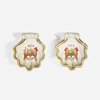 A Chinese Export porcelain blue and white candlestick with gilt decoration and pair of shell-form salts circa 1740-1755