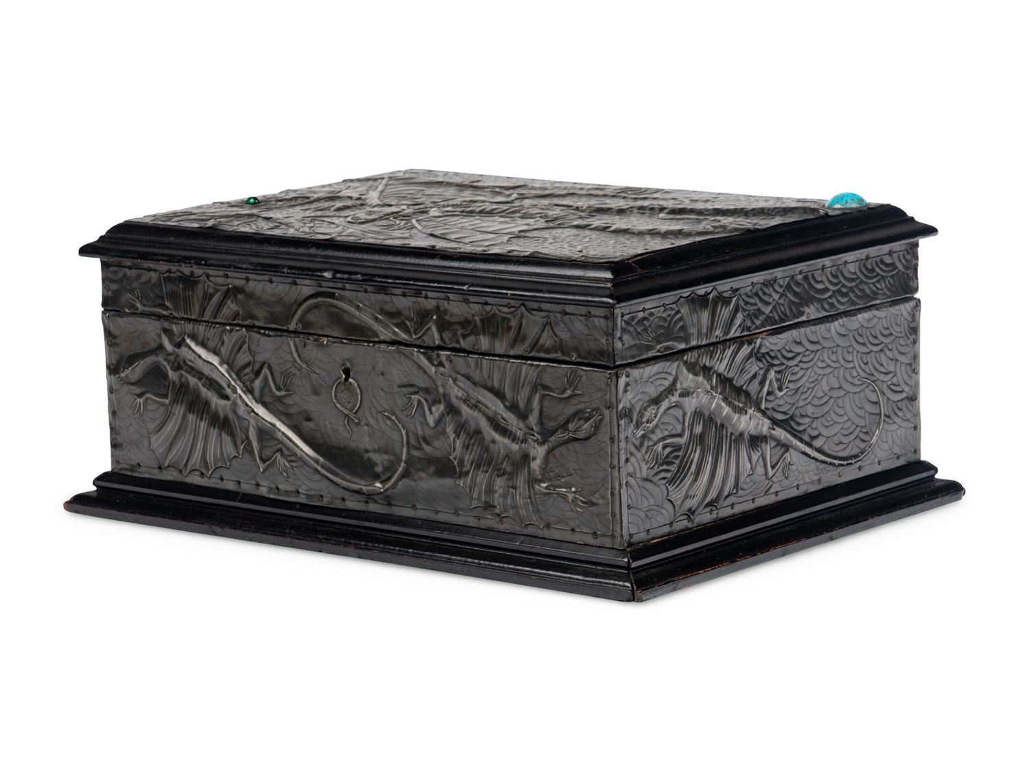 A Repousse Metal and Cabochon-Inset Humidor