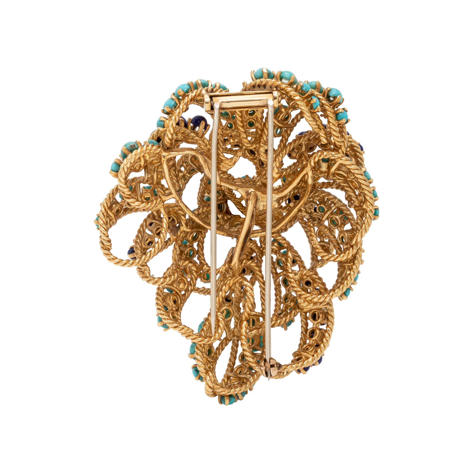 YELLOW GOLD, TURQUOISE AND LAPIS LAZULI BROOCH