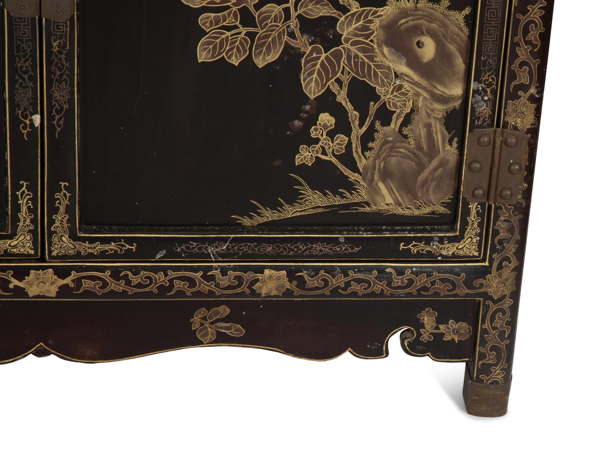 A Pair of Chinese Gilt Decorated Black Lacquer Vitrine Cabinets